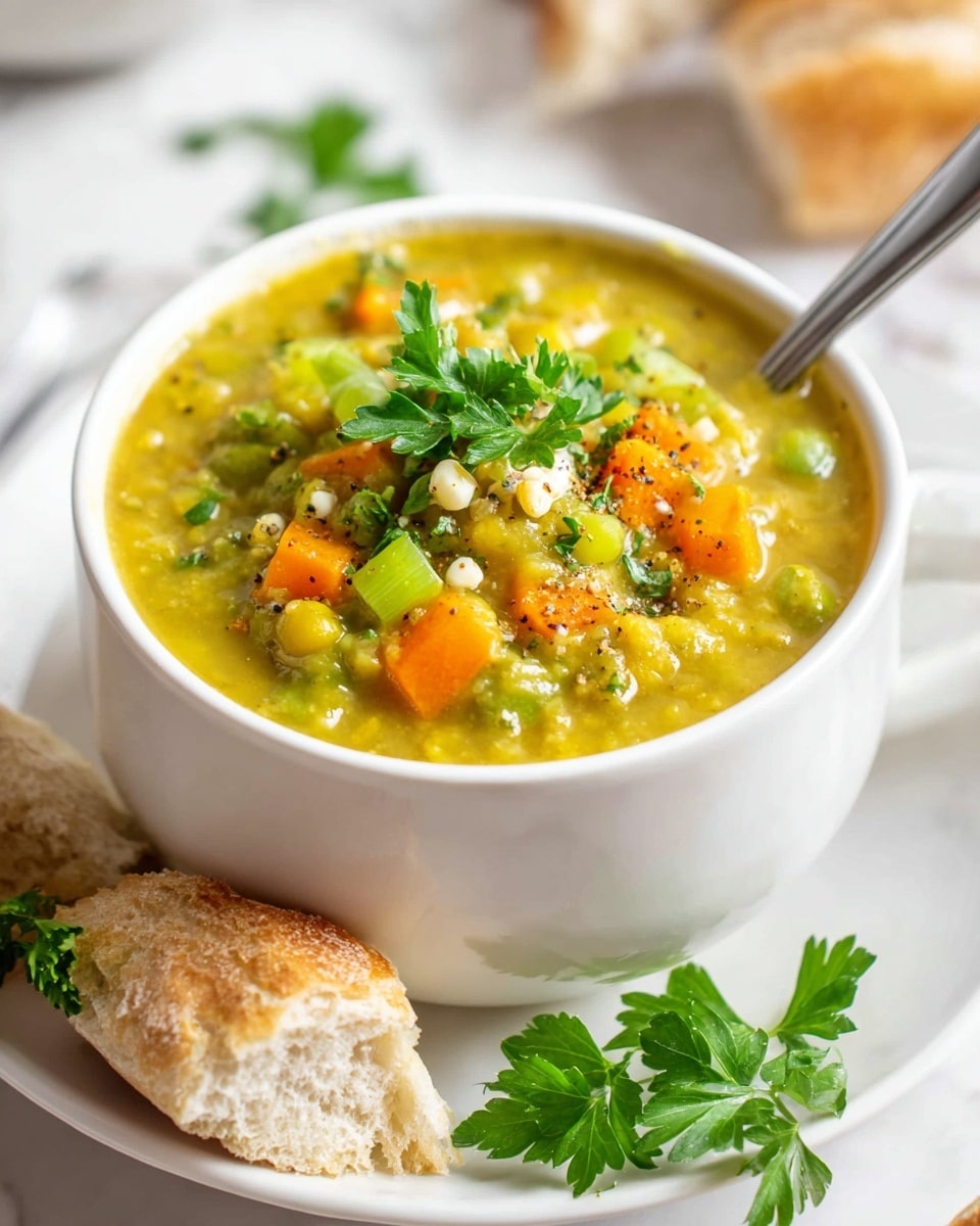 A white bowl filled with thick yellow-green split pea soup, showing visible layers of diced orange carrots, green celery slices, and split peas, topped with fresh bright green parsley leaves and a few small white corn kernels, with ground black pepper sprinkled on top. The bowl rests on a white plate holding two pieces of torn crusty bread and extra parsley beside it, all placed on a white marbled surface. A spoon is inside the bowl at the back. photo taken with an iphone --ar 4:5 --v 7