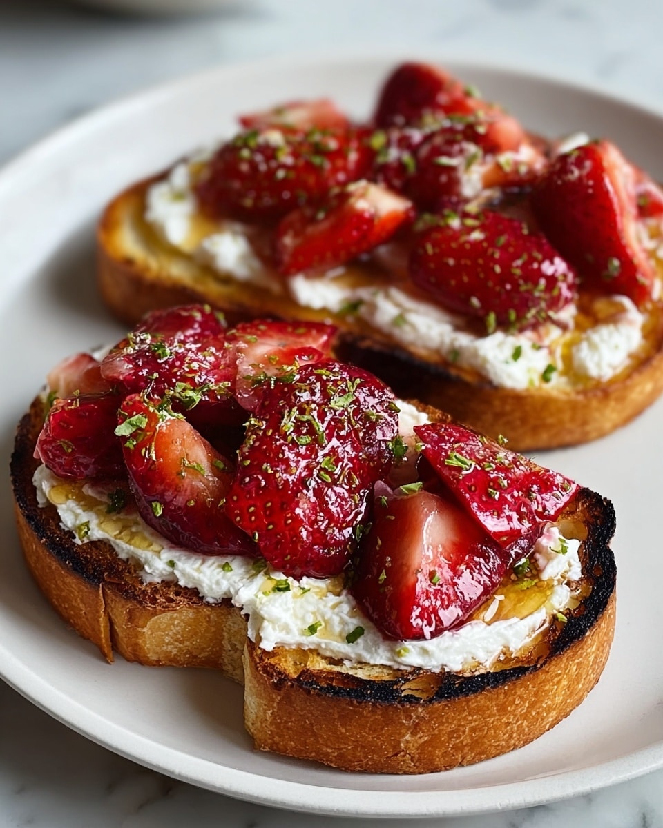 Two slices of toasted bread sit on a white plate, each slice showing a thick golden-brown crust with some char marks. On top of each toasted slice is a thick layer of white creamy cheese, spread evenly but with a slightly textured surface. Above the cheese, large halved strawberries with a shiny, slightly glazed red surface cover the toast almost completely. Drizzled honey adds a golden shine and small green herb bits are sprinkled on top of the strawberries. The plate rests on a white marbled surface. photo taken with an iphone --ar 4:5 --v 7
