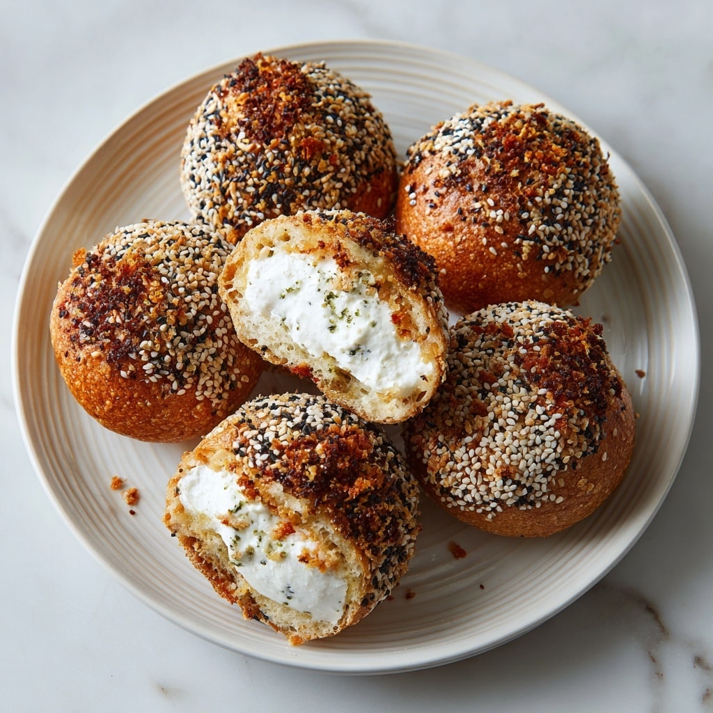 The image shows five small round bagels on a white plate with light ridges, placed on a white marbled surface. Each bagel is coated with a mix of white and black sesame seeds and small bits of toasted onion on the golden-brown crust. Two of the bagels are cut in half, showing a soft, pale beige inside filled with a generous layer of creamy white spread mixed with small green herbs, creating a textured layer within the bagel halves. The bagels are arranged closely, with the cut halves lying on top of one another in the front center of the plate. Photo taken with an iphone --ar 4:5 --v 7