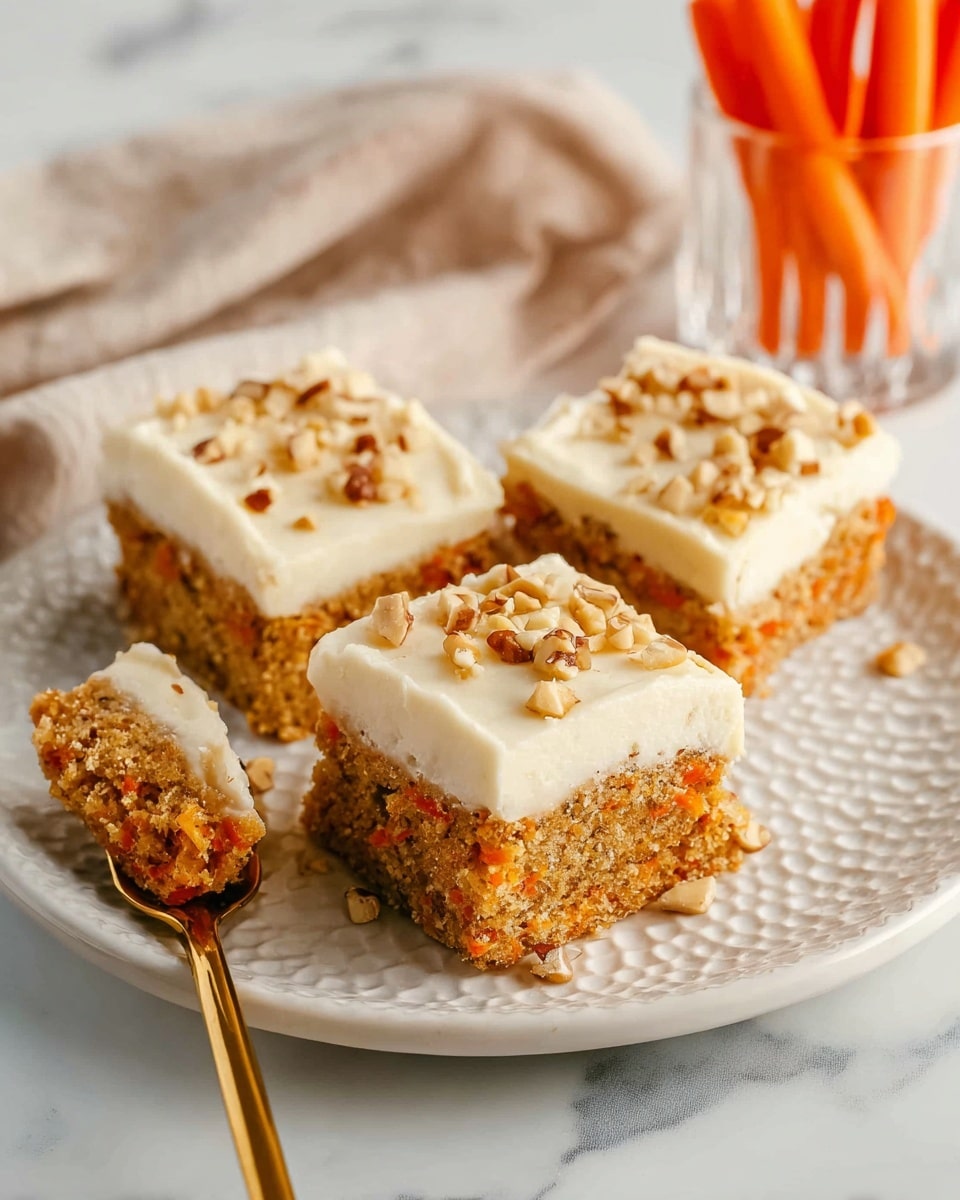 The image shows three square pieces of carrot cake with a thick creamy white frosting layer on top, each topped with small pieces of crushed nuts. The cake layer is a soft brown color with visible bits of grated carrot inside, creating a slightly textured look. These cake squares are placed neatly on a white plate with a scalloped edge, set on a white marbled surface. In the background, there is a clear glass filled with bright orange whole carrots with green tops, and a light beige cloth draped casually to the side. Photo taken with an iphone --ar 4:5 --v 7
