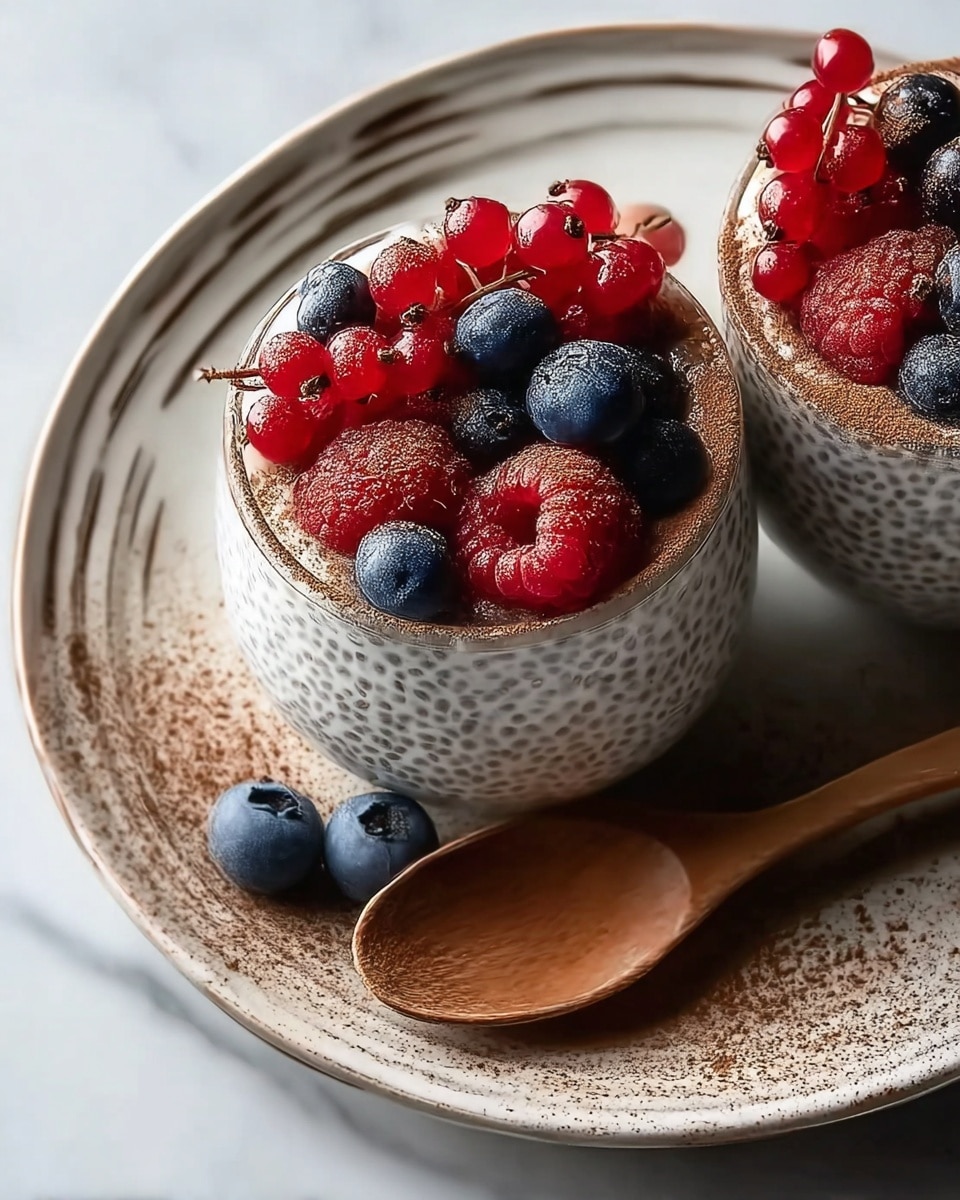 Two small glass cups filled with a creamy white chia seed pudding, visible small black chia seeds evenly spread throughout the creamy base. Each cup is topped with fresh berries including bright red raspberries, red currants, and dark blue blueberries, placed on top with a light dusting of brown cinnamon powder around the rim. The cups sit on a white plate with a swirl pattern, with a wooden spoon resting beside them. A few loose blueberries lie on the plate near the spoon. The background and surface have been changed to a white marbled texture. Photo taken with an iphone --ar 4:5 --v 7