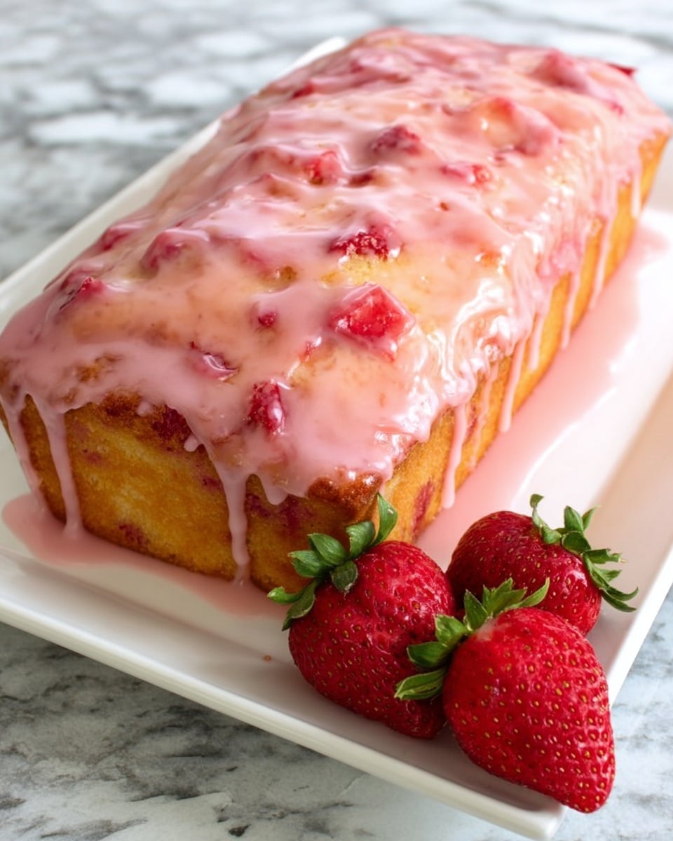 The image shows three slices of strawberry cake arranged in front on a clear wrapping paper. The cake has a light yellow inside with small red strawberry pieces scattered throughout the layers. The top and sides of the cake have a shiny pink glaze with visible bits of strawberries embedded in it. Behind the slices, there is a white plate holding more slices of the same cake, showing a similar yellow and pink pattern. To the left of the slices are three fresh red strawberries with green leaves. The scene is set on a white marbled surface with a silver knife placed horizontally between the plate and sliced pieces. Photo taken with an iphone --ar 4:5 --v 7