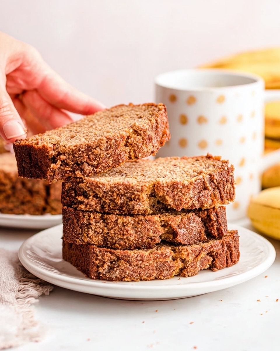 Two slices of brown banana bread with a rough, cracked crust layer on top and a moist, dense textured inner layer are placed stacked on a white plate in the front. More slices of the same banana bread are visible, stacked slightly fanned on a white tray in the background on the left. On the right, two slices rest on a stack of white plates with a white mug behind them. There is a small white bowl with light brown powder on the left edge. The scene sits on a white marbled surface with a folded yellow cloth visible at the bottom left corner. Photo taken with an iphone --ar 4:5 --v 7