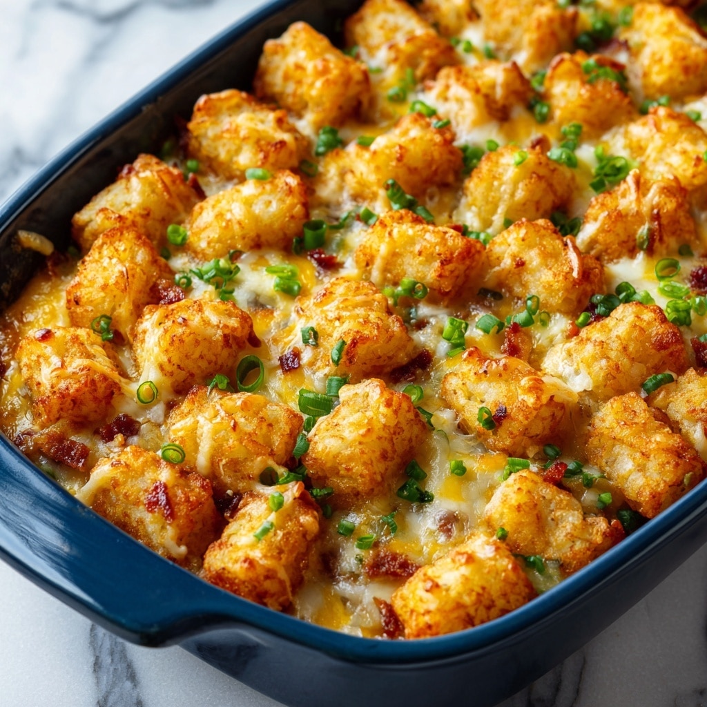 A white square plate holds a pile of about twelve small, round golden-brown fried cauliflower pieces, each showing a crispy texture with darker browned spots. The cauliflower pieces are generously covered with a light beige creamy sauce that pools slightly around the base of the pile. Bright green chopped herbs are sprinkled on top and on the sauce, adding a fresh contrast. The plate sits on a surface with a white marbled texture, and the background is softly blurred, creating a warm, inviting feel. photo taken with an iphone --ar 4:5 --v 7