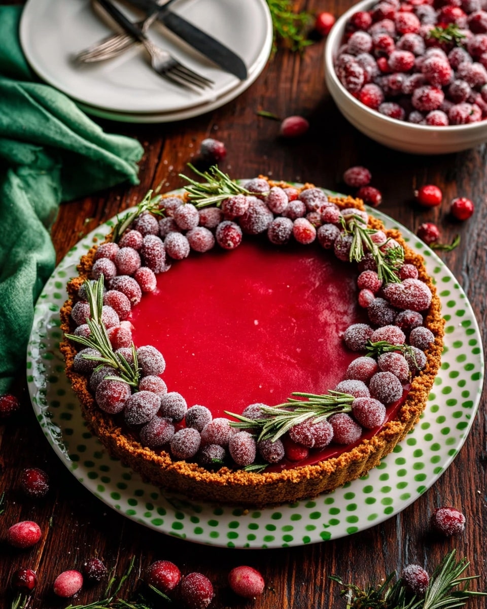 The image shows a tart with three clear layers: the base layer is a golden brown crumbly crust, the middle layer is a bright, smooth red filling spread evenly, and the top layer is decorated with a ring of fresh and frosted cranberries mixed with small sprigs of green rosemary around the edge. The tart is placed on a white plate with green dots, set on a dark wooden table which has scattered cranberries and rosemary sprigs. In the background, there is a white bowl filled with frosted cranberries, a white plate holding a knife and fork, and a green cloth. The scene is well-lit with natural light highlighting the bright colors of the tart and garnishes. photo taken with an iphone --ar 4:5 --v 7