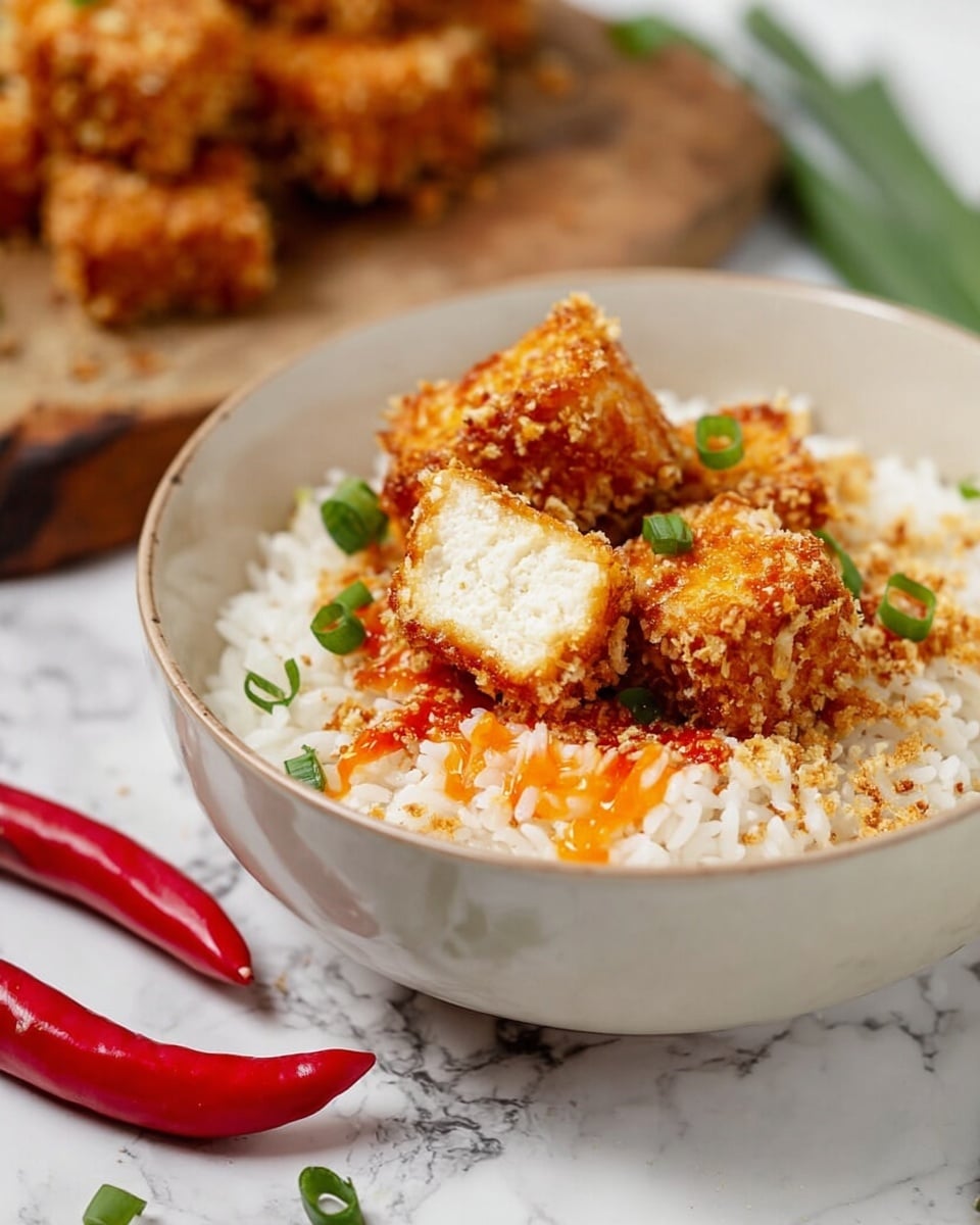 A white bowl filled with fluffy white rice as the base layer, topped with golden brown crispy tofu pieces coated in a textured, crunchy crust. The tofu is cut into cubes, with one piece showing a soft white inside. There is a light drizzle of orange-colored sauce on the tofu and rice. Small green onion slices are sprinkled over the tofu and rice, adding a fresh splash of green. The bowl sits on a white marbled surface, with two whole red chili peppers placed in the bottom left corner outside the bowl and a blurred background showing more crispy tofu pieces on a wooden board. Photo taken with an iphone --ar 4:5 --v 7