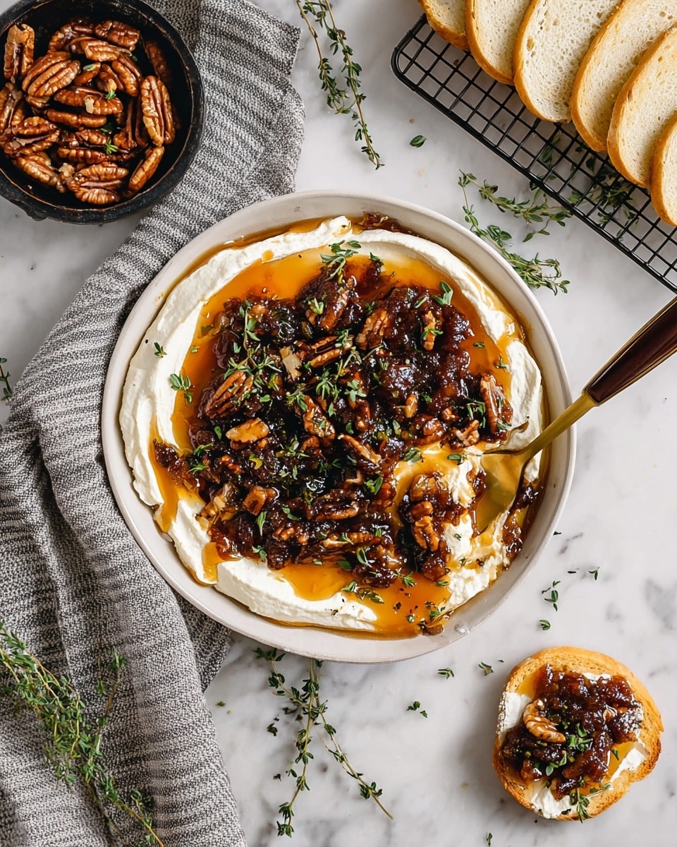 A round white bowl holds a layered dip with three main layers: the bottom layer is smooth white cream cheese spread thickly, topped with a middle layer of shiny amber honey, and a top layer of chunky dark brown chutney mixed with chopped pecans and fresh green thyme sprigs scattered unevenly. A gold spoon with a dark handle rests inside the bowl on the right, scooping some of the dip. To the right near the bowl, there is a small toasted white bread round spread with the same dip mixture, garnished with thyme. Above the bowl, a few toasted white bread slices sit on a small wire rack. To the left of the bowl, some chopped pecans fill a small black bowl, and a striped gray and white cloth is draped around the bottom left edge. Sprigs of fresh thyme lie at the lower right on a white marbled surface. Photo taken with an iphone --ar 4:5 --v 7