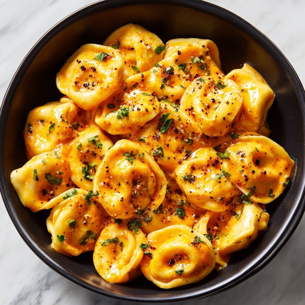 A close-up view of a large black pan filled with creamy orange sauce-covered tortellini pasta. Each tortellini is plump, rounded, and slightly folded, showing a smooth pasta texture with a glossy finish from the sauce. The surface of the pasta is sprinkled with small bits of black pepper and green herbs evenly across the pan. The sauce looks rich and velvety, filling the gaps between the pasta, creating a warm and inviting appearance. The photo is taken against a white marbled background. photo taken with an iphone --ar 4:5 --v 7
