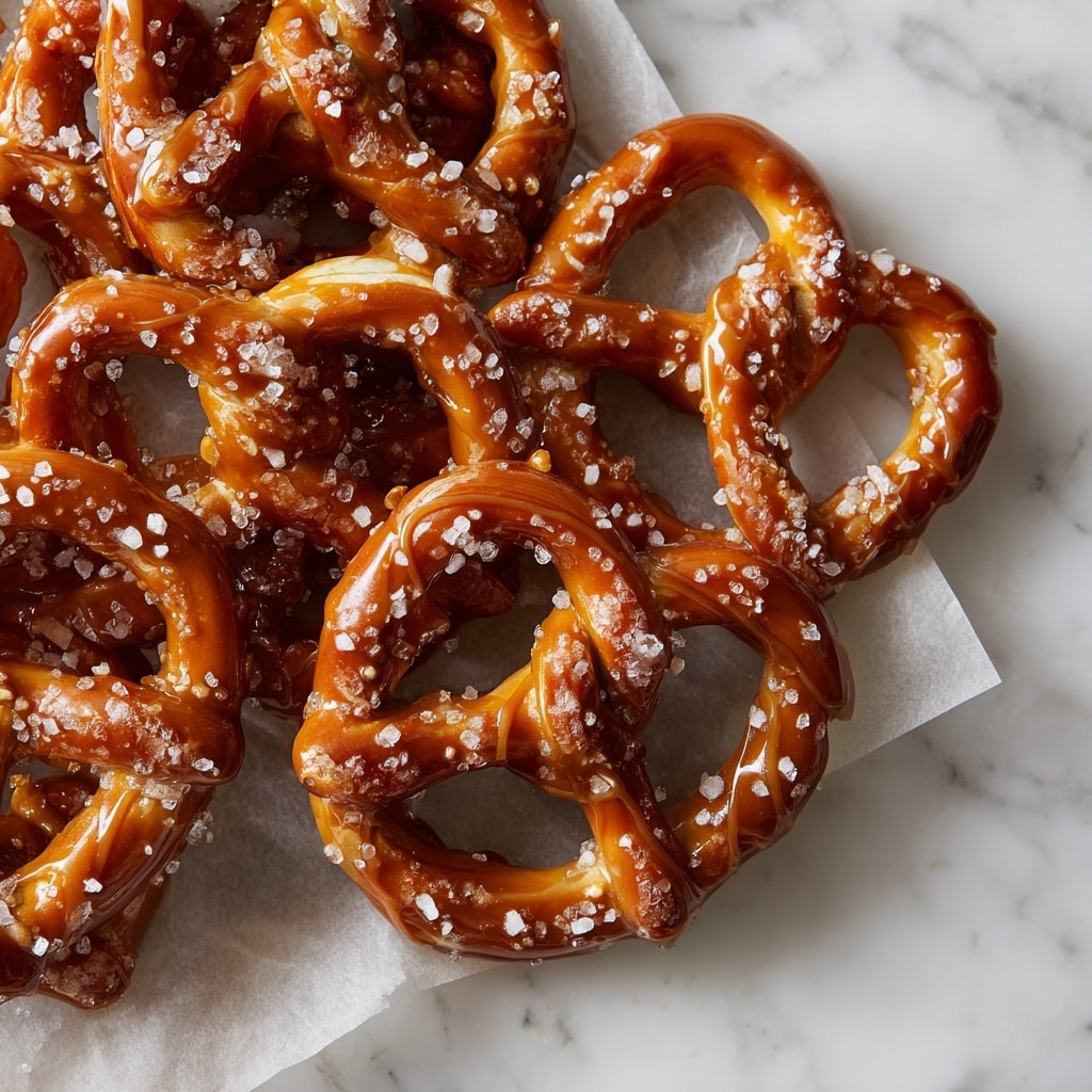 The image shows a close-up of a tray filled with small pretzels and square crackers covered in a golden brown topping, likely a seasoning or cheese mix. The pretzels are twisted and shiny, while the crackers are flat and slightly rough in texture. The snacks are packed tightly, showing a mix of smooth pretzels and crunchy, crumbly crackers all coated in the same coating. The background surface is a white marbled texture. photo taken with an iphone --ar 4:5 --v 7