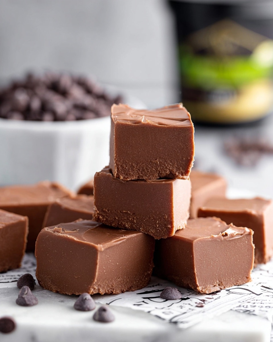 The image shows several thick, square pieces of smooth, creamy milk chocolate fudge stacked and spread on a white marbled surface covered with a black and white printed paper. Each fudge piece has three visible layers: a darker brown bottom layer with a rich texture, a middle layer of a slightly lighter and creamy brown, and a top layer with a smooth and shiny milk chocolate finish. In the background, slightly out of focus, there is a white bowl full of dark chocolate chips and a black container with a green and yellow label. The overall scene looks cozy and inviting. photo taken with an iphone --ar 4:5 --v 7