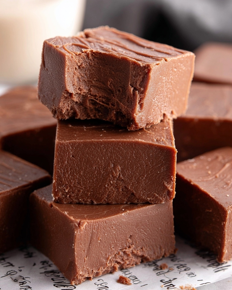 The image shows several square pieces of chocolate fudge stacked closely together on a white marbled surface covered with a sheet of paper printed in black text. Each fudge piece is thick and creamy with a smooth, slightly shiny texture and a rich brown color. One piece is placed on top of another, showing a clean bite taken from the top corner, revealing the soft, dense inside with a few small air pockets. The edges of the fudge squares are straight but slightly rounded, emphasizing their smoothness. Photo taken with an iphone --ar 4:5 --v 7