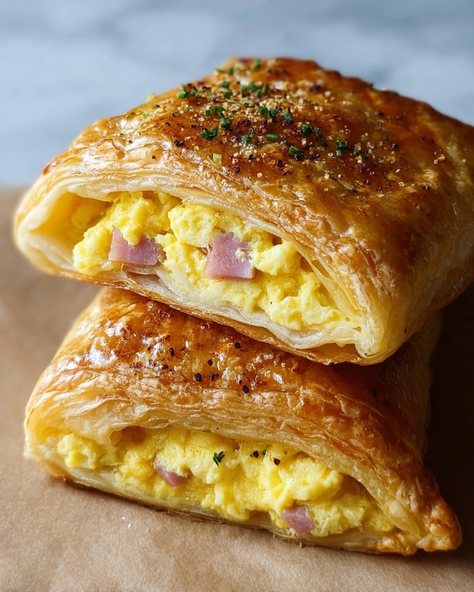A close-up view of two savory pastries stacked on top of each other, each with a golden-brown, flaky crust that is slightly shiny and sprinkled with small bits of green herbs and black pepper. The pastries are cut in half, showing the filling inside which consists of soft, fluffy yellow scrambled eggs mixed with small pieces of pinkish ham. The layers of the crust are visible with a light, crisp outer edge, contrasting with the tender texture inside. The pastries sit on a piece of light brown paper, and the background is a white marbled surface. photo taken with an iphone --ar 4:5 --v 7