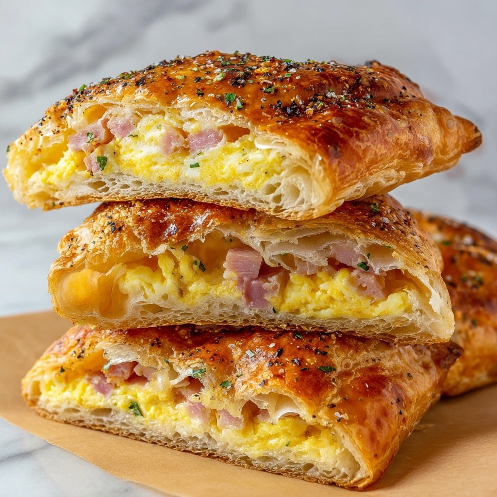 The image shows a close-up of two pastry pockets stacked on top of each other, filled with scrambled eggs mixed with small pieces of ham. Each pastry has a golden-brown, flaky crust with a light, crisp texture, sprinkled with finely chopped green herbs and a few black pepper specks on top. The inside filling is yellow from the eggs, with pinkish bits of ham scattered throughout, and the layers of flaky pastry are visible on the edges. The pastries rest on a light brown paper-like surface on top of a white marbled background. photo taken with an iphone --ar 4:5 --v 7