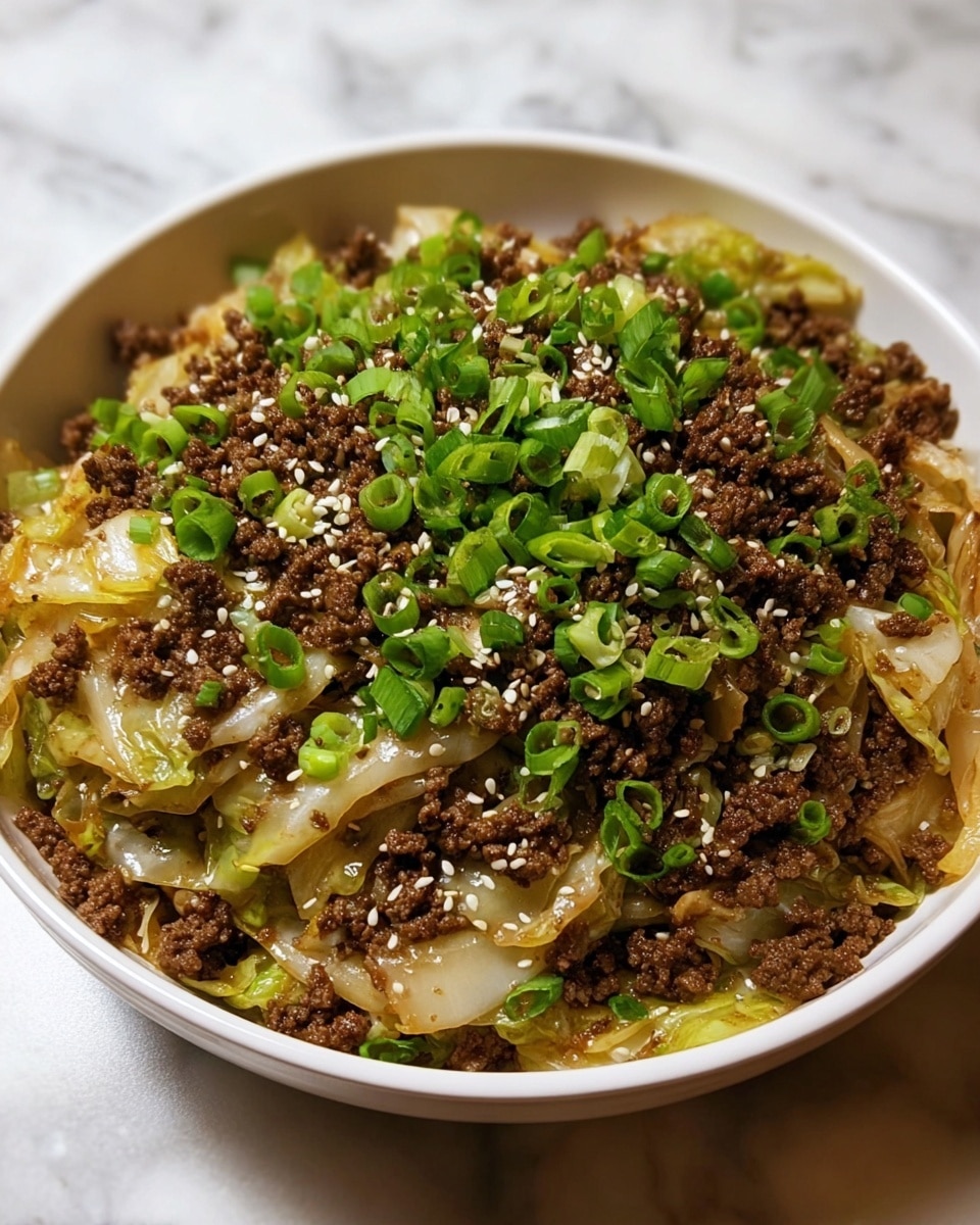 A white bowl filled with a layered dish starting with a base of cooked cabbage that has a shiny, light golden-brown color and soft texture. On top of the cabbage, there is a generous layer of dark brown ground beef, cooked finely and spread evenly. The dish is garnished with chopped bright green scallions scattered all over, along with small white sesame seeds sprinkled on top. The bowl rests on a surface with a white marbled texture. photo taken with an iphone --ar 4:5 --v 7