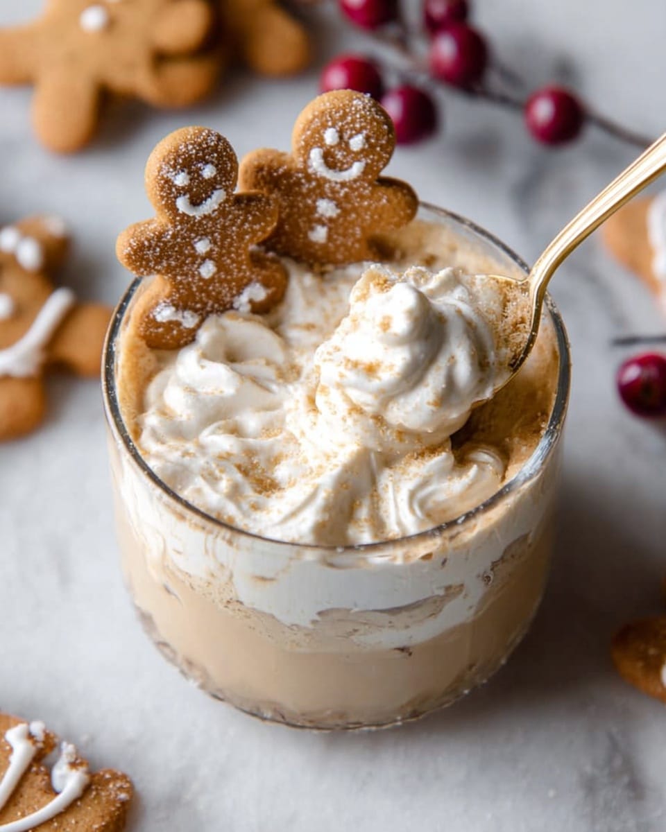 Two clear glass mugs are filled with a light brown creamy drink topped with thick white whipped cream. Each mug has a small gingerbread man cookie placed standing in the whipped cream near the edge. The tops of the drinks are sprinkled with a fine dusting of cinnamon or nutmeg. Around the mugs on a white marbled surface are more gingerbread cookies and a few red and dark berries. The background has soft green pine branches and a red Christmas ornament, adding a festive feel. photo taken with an iphone --ar 4:5 --v 7