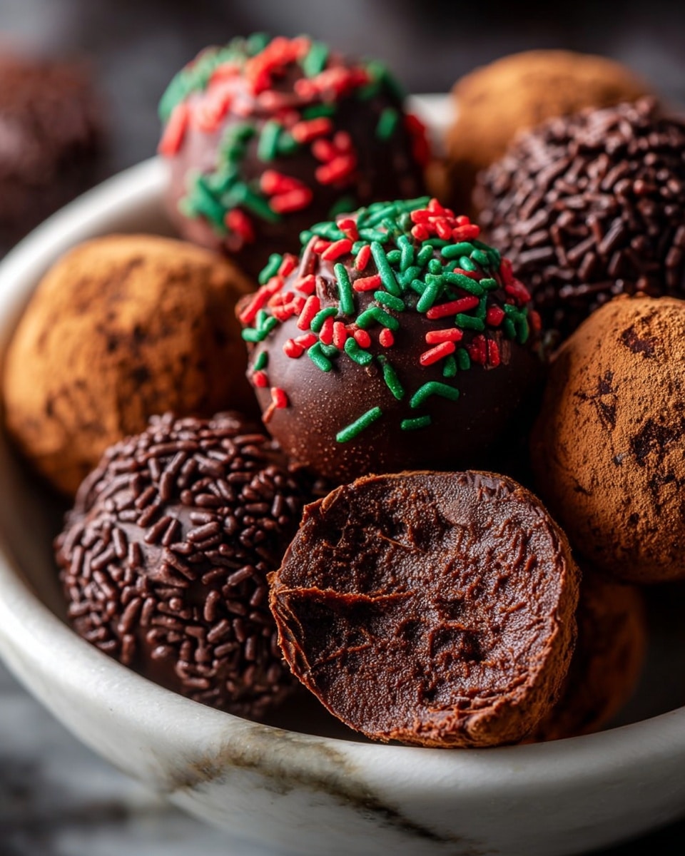 A close-up view of several round chocolate truffles arranged in a small pile on white parchment paper over a white plate, sitting on a white marbled surface. The truffles have three different coatings: dark chocolate sprinkles, dark chocolate sprinkles mixed with small red and green round sprinkles, and a light brown cocoa powder dusting. The truffles appear smooth beneath the coatings, showing a rich chocolate texture. Scattered red, green, white, and dark chocolate sprinkles surround the plate on the marbled surface. photo taken with an iphone --ar 4:5 --v 7