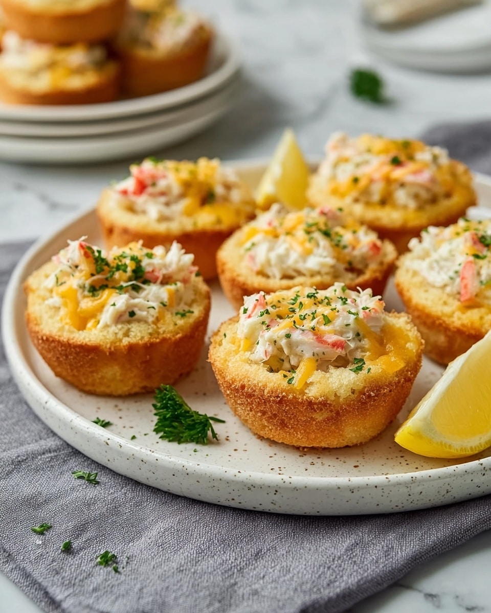 This image shows six small round cups of a creamy seafood appetizer on a white plate. Each cup has a crispy golden-brown shell filled with a light cream mixture that is white with pieces of red seafood visible throughout. The tops are lightly browned with melted cheese and sprinkled with small green herb flakes. One small wedge of bright yellow lemon and a sprig of green parsley sit on the plate near the cups. The plate is set on a soft blue cloth over a white marbled surface. In the background, there is a wooden board with more cups slightly out of focus. Photo taken with an iphone --ar 4:5 --v 7