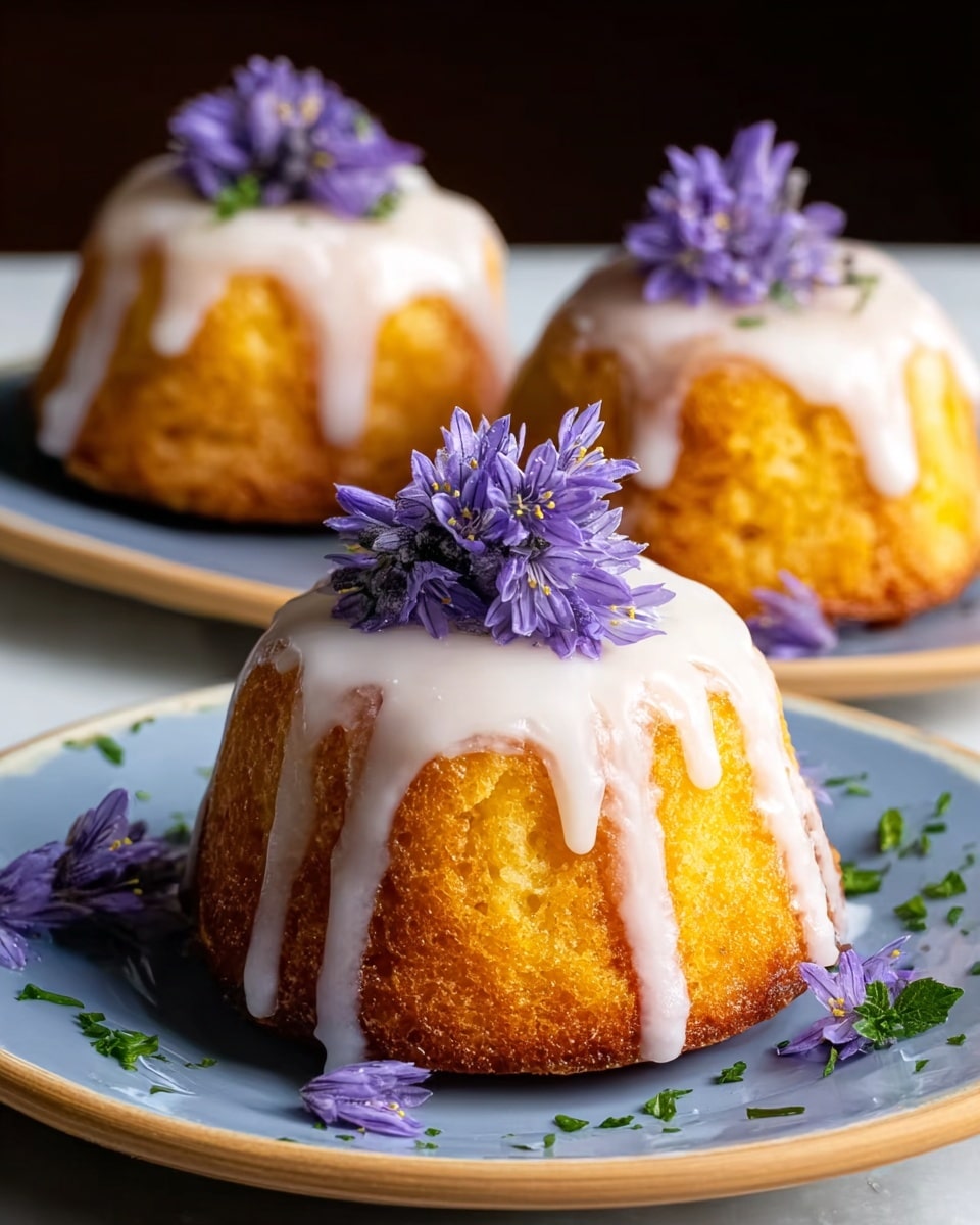 Two small bundt cakes with a golden brown crust are placed side by side on a white oval plate. Each cake is drizzled with thick, pale yellow lemon glaze that gently runs down the sides. The tops are decorated with small lemon wedges, fresh green rosemary sprigs, and tiny purple lavender flowers scattered across the glaze and cake edges. A small bunch of lavender lies next to the cakes on the plate. In the background, two whole yellow lemons and more lavender are softly blurred. The setting is on a white marbled texture. photo taken with an iphone --ar 4:5 --v 7