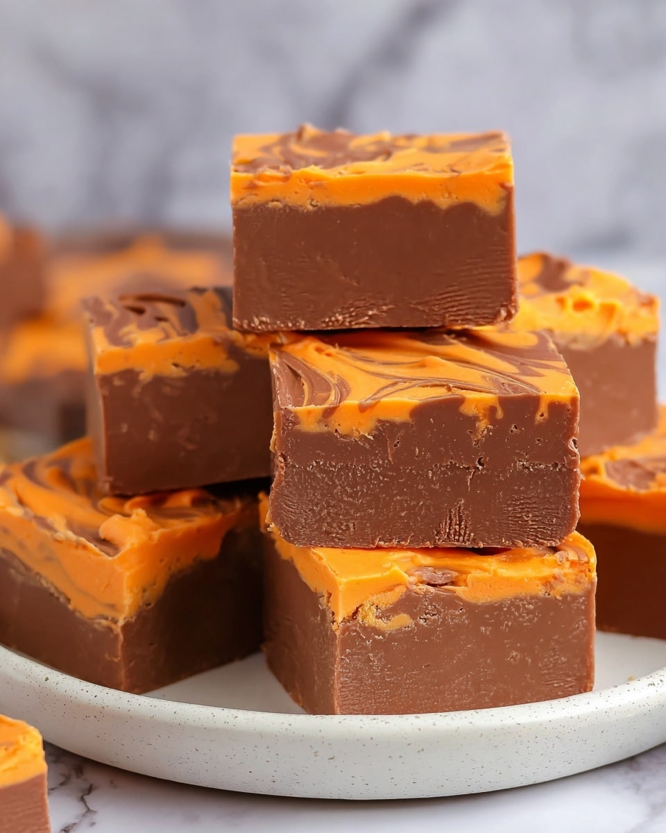 The image shows a pile of thick square brownies on a white plate, each with two visible layers. The bottom layer is a smooth, dark brown chocolate base with a dense and rich texture. The top layer is slightly thinner and swirled with bright orange frosting, creating a vibrant and creamy contrast against the chocolate. The orange frosting appears thick and piped in a casual, swirled pattern on each brownie, adding a burst of color. The white marbled surface underneath the plate adds a clean and elegant touch to the presentation. photo taken with an iphone --ar 4:5 --v 7