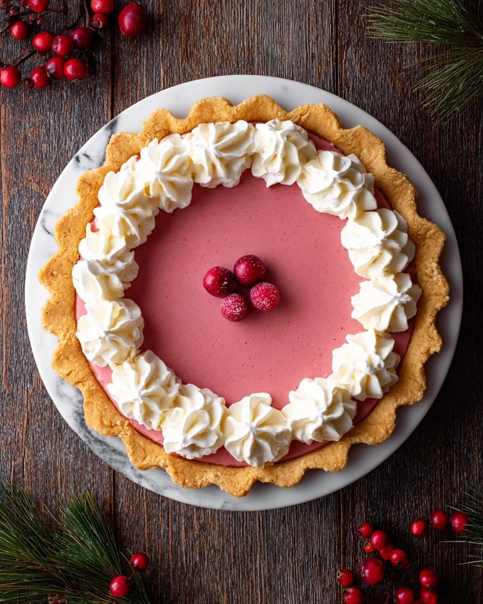 A pie with a crimped golden-brown crust that forms the base and edges, holding a smooth, deep pink filling in the center. The filling is surrounded by a ring of evenly spaced white whipped cream dollops with soft peaks, and three small red berries are placed neatly in the very center of the pie. The pie rests on a white plate, and the background is a dark wood texture with some scattered red berries and green pine leaves on the corners, all replaced with a white marbled surface. Photo taken with an iphone --ar 4:5 --v 7
