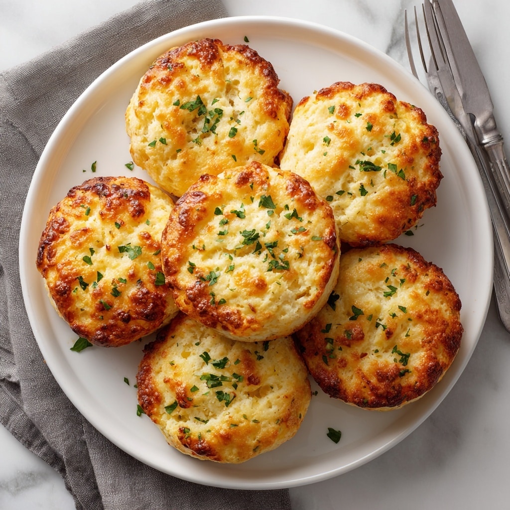 A white plate holds six round baked cheese biscuits arranged in a circle with one in the center. Each biscuit has a golden-brown top with browned crispy edges and sprinkled green herbs on the surface. The texture of the biscuits looks soft and fluffy with some small air pockets visible. The plate is set on a white marbled surface with a fork and knife partially visible on a gray cloth napkin to the side. photo taken with an iphone --ar 4:5 --v 7