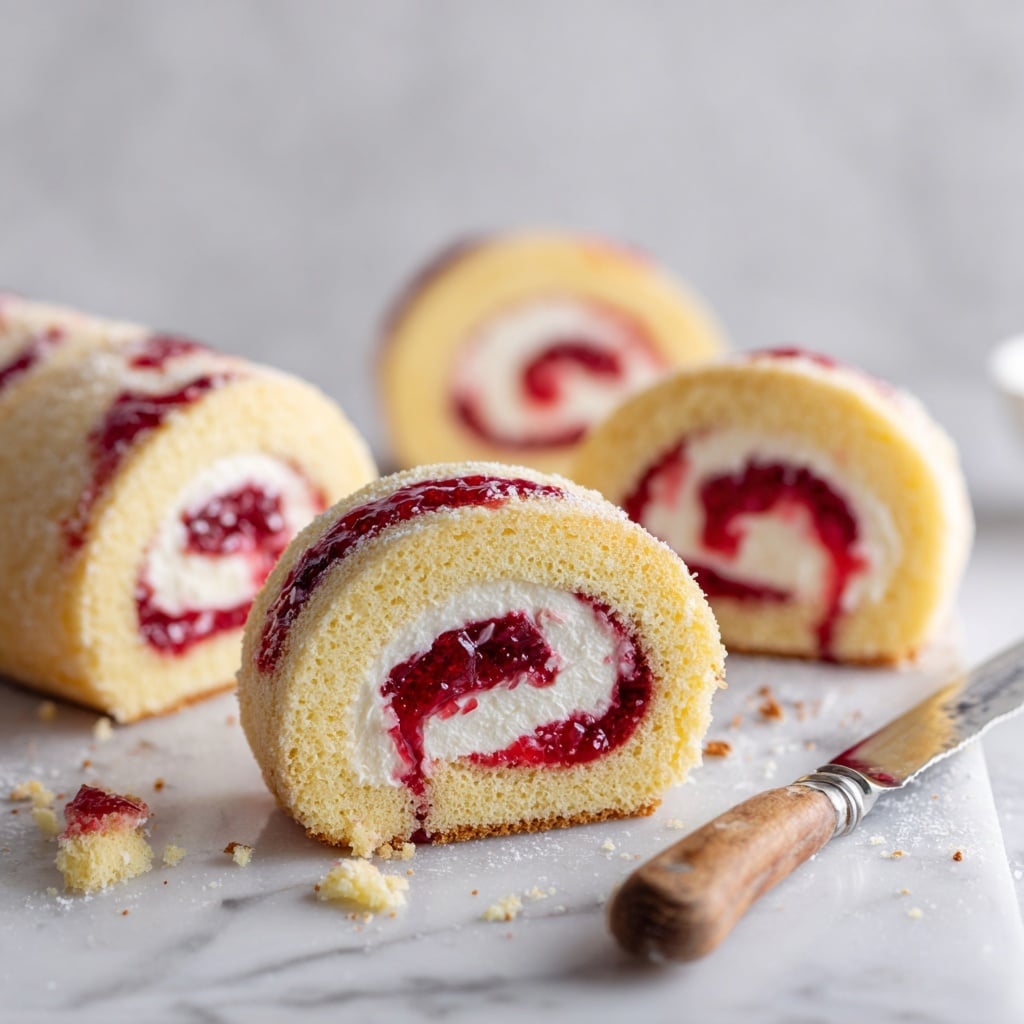 A soft rolled sponge cake dusted with powdered sugar on top, filled with a white creamy layer and red strawberry jam swirled inside. Two round slices are cut from the roll showing the spiral of cream and jam within the pale yellow cake. Fresh whole and sliced strawberries decorate the top near one end, adding bright red and green color. The cake sits on a white sheet of parchment over a wooden board on a white marbled surface. Nearby is a cake fork with a wooden handle resting on the board, with crumbs around it, and two whole strawberries on the marble. photo taken with an iphone --ar 4:5 --v 7