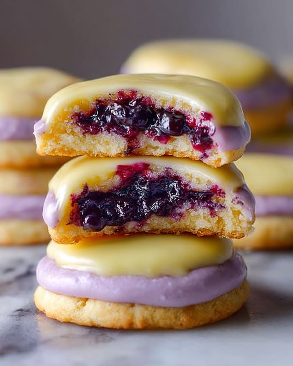 A close-up view of small round cookies with three visible layers: the bottom cookie layer is light golden brown, the middle layer is a dark purple blueberry filling that looks thick and moist, and the top layer is a smooth, light yellow glaze that covers the cookie's surface with a single fresh blueberry placed in the center of each cookie. One cookie is broken in half, showing the dark purple filling inside clearly. The cookies are stacked casually on a white marbled surface. photo taken with an iphone --ar 4:5 --v 7