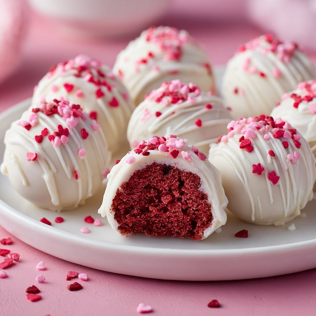 The image shows several round cake balls with a smooth white coating drizzled lightly over the surface, each decorated with small pink and red heart-shaped sprinkles. The central cake ball is cut in half, revealing a rich, dark red, moist crumb inside with a soft texture. The cake balls are placed on a soft pink surface, with scattered heart sprinkles surrounding them. Photo taken with an iphone --ar 4:5 --v 7