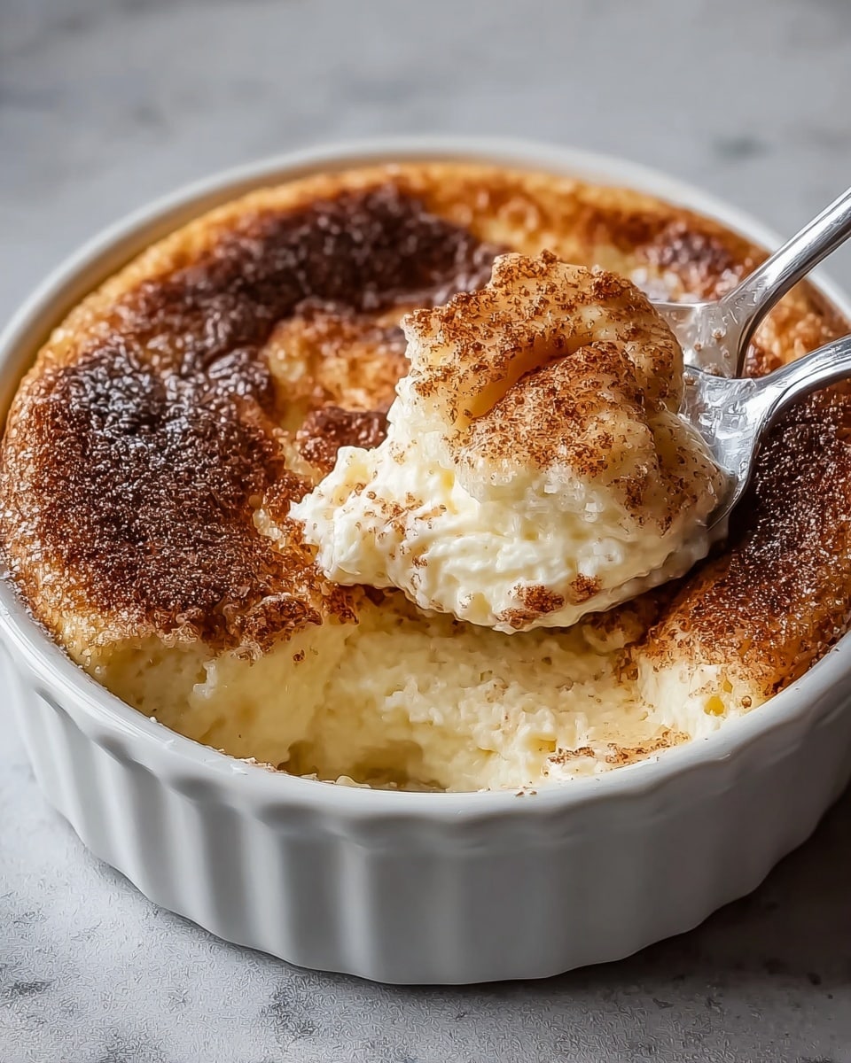 A rectangular white ceramic baking dish filled with a golden brown baked dessert with about two visible layers: the top layer showing puffy, browned peaks with a light dusting of powdered sugar, and the lower layer creamy and smooth with a pale yellow color. The surface of the baked peaks has a slightly crisp and caramelized texture with some darker spots. A silver spoon scoops into the creamy inner layer, showing its soft, moist consistency. The dish is placed on a white marbled surface. photo taken with an iphone --ar 4:5 --v 7