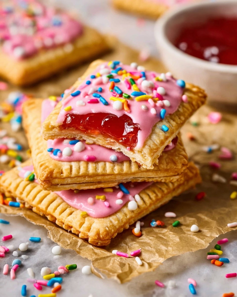 A close-up image of a rectangular pastry with a bite taken out of one corner, showing a shiny red jam filling inside; the pastry has a golden-brown crust with crimped edges and is topped with a smooth light pink icing layer, sprinkled with colorful, cylindrical sprinkles in red, yellow, blue, green, white, and orange; the pastry rests on crumpled light brown parchment paper with scattered sprinkles around it, all placed on a white marbled surface. photo taken with an iphone --ar 4:5 --v 7