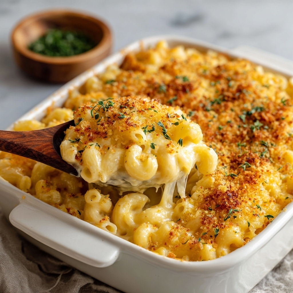 A white square baking dish filled with creamy macaroni and cheese topped with golden crispy breadcrumbs. The macaroni pasta is coated in rich, gooey, yellow cheese sauce with a slightly bubbly texture. A wooden spoon lifts a portion from the dish, revealing soft, cheesy pasta underneath the crunchy topping. The dish sits on a white marbled surface with a small wooden bowl of chopped herbs blurred in the background. Photo taken with an iphone --ar 4:5 --v 7