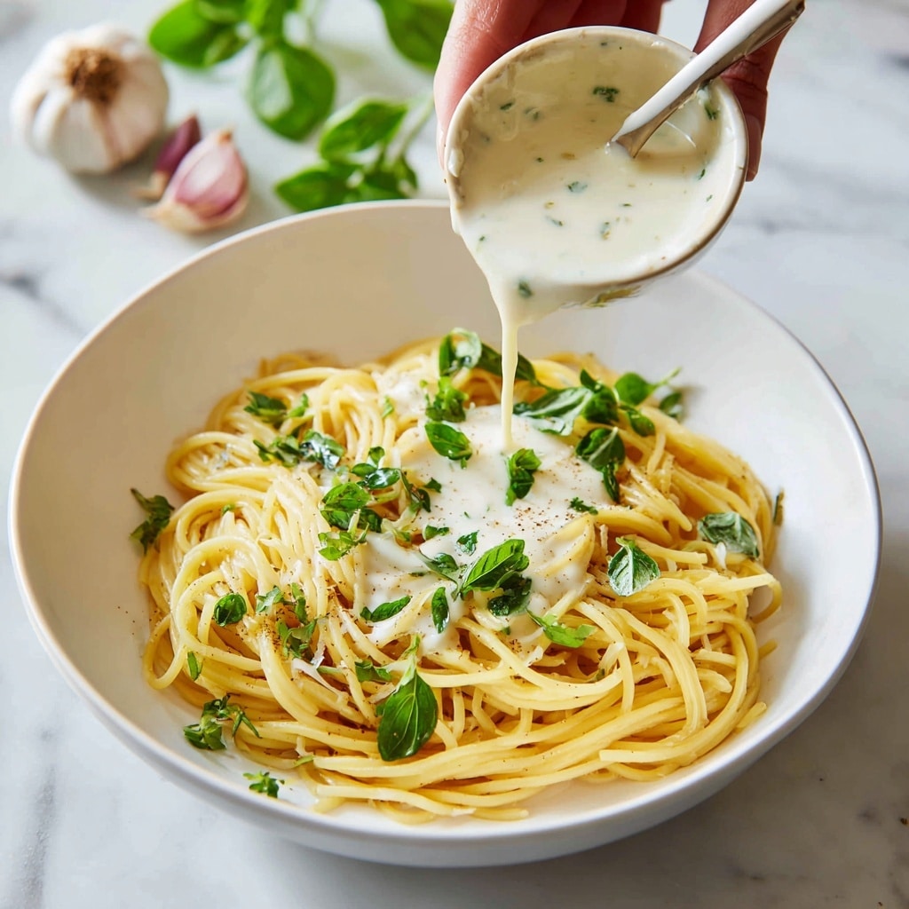 A white bowl holds a nest of light yellow cooked spaghetti as the base layer, with some small green herb leaves sprinkled on top. A woman's hand is pouring a creamy, pale white sauce with small green flecks over the pasta, covering most of the top. The bowl sits on a white marbled surface, with cracked garlic cloves placed nearby for decoration. photo taken with an iphone --ar 4:5 --v 7