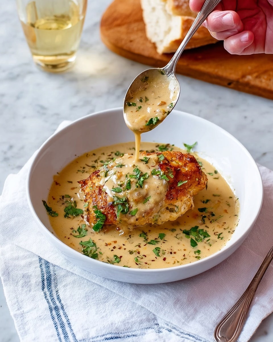 The image shows a black cast iron pan placed on a white marbled surface, holding four pieces of golden-brown cooked chicken thighs with crispy skin. The chicken sits in a creamy light brown sauce that fills the bottom of the pan. Bright green chopped herbs are sprinkled over the chicken and sauce, adding a fresh look. A white cloth napkin is visible under the pan’s handle, and in the background, there are stacked white plates with silver utensils resting on top. The lighting highlights the crispy texture of the chicken skin and the smooth sauce around it, making the dish look warm and inviting. Photo taken with an iphone --ar 4:5 --v 7