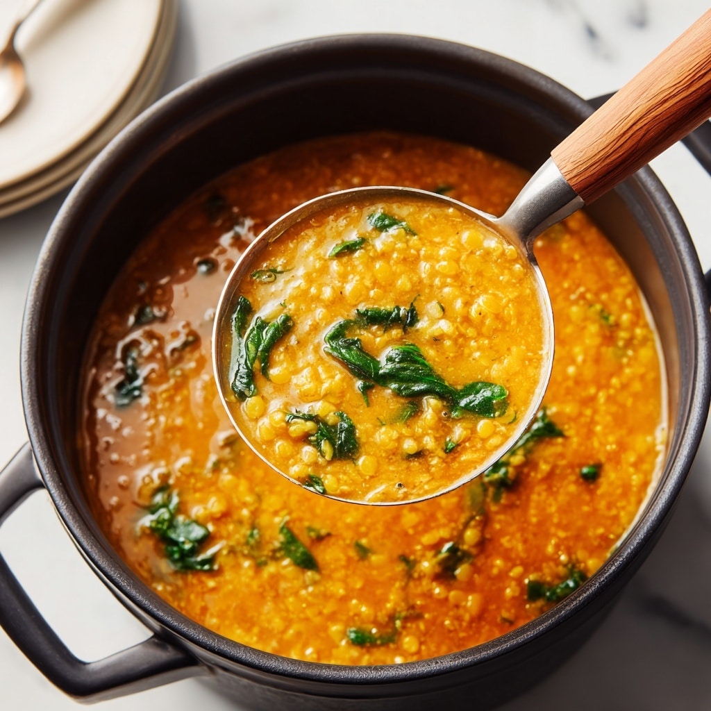 The image shows two white bowls filled with thick orange lentil soup, with visible chunks of bright orange carrots and dark green spinach leaves scattered throughout. The soup has a slightly grainy texture and is topped with a sprinkle of black pepper. One bowl is centered in the bottom part of the image, and the other is placed near the top left corner. To the top right of the bowls, there is a piece of torn bread with a golden crust on a white marbled surface, and a clear glass of water is also visible nearby. A small white bowl containing black pepper sits near the bottom left, with two silver spoons resting beside the bowl in the center. The background is a white marbled texture. Photo taken with an iphone --ar 4:5 --v 7