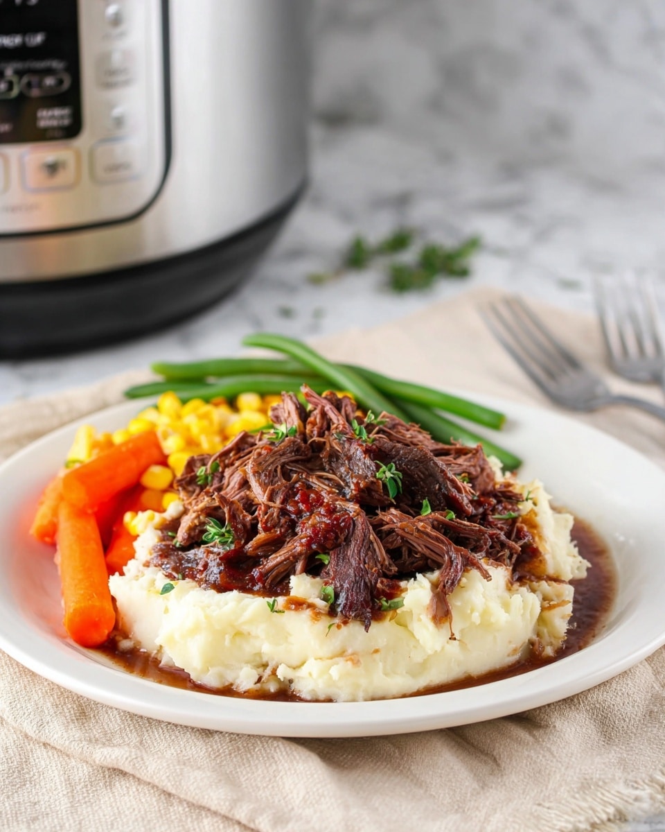 The image shows a slow cooker filled with shredded beef in a brown broth. The beef is dark brown with visible strands and chunks, resting in a glossy liquid that reflects light with some small bits of herbs and fat floating on top. Two meat forks with silver prongs are poking the beef, one positioned near the center pulling some strands apart, and the other lying flat inside the cooker. The inner rim of the black slow cooker forms a circular frame around the meat and juice. The photo is close up, focusing on the texture of the tender beef and the bubbling broth. photo taken with an iphone --ar 4:5 --v 7
