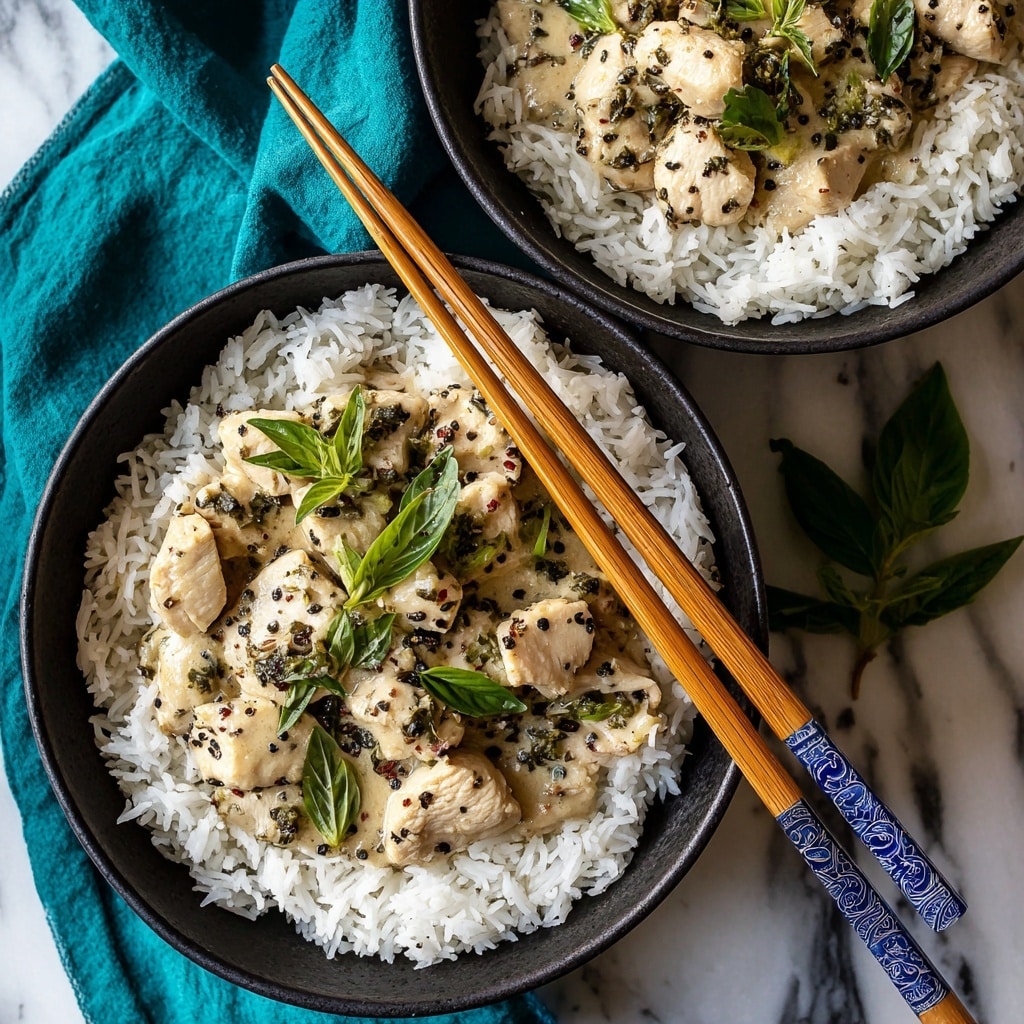 The image shows a white plate with a layer of white fluffy rice covering the bottom and edges. On top, there are many small pieces of lightly browned chicken coated in a creamy sauce with black pepper flecks. Bright green basil leaves are scattered over the chicken, adding fresh color. A pair of blue and brown chopsticks rests on the edge of the plate. The whole scene is set on a white marbled surface with a green cloth nearby. Photo taken with an iphone --ar 4:5 --v 7