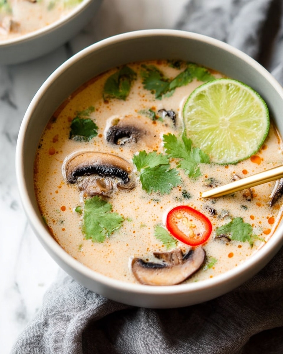 A close-up image of a creamy soup in a white bowl, filled with light beige broth that has small specks of orange oil. Floating on the surface are sliced mushrooms with a mix of dark brown and white colors, bright green cilantro leaves, a thin slice of light green lime resting on the right side, and a small round slice of red chili pepper. A gold spoon is partially visible, inserted on the right side of the bowl. The bowl is set on a soft grey cloth against a white marbled surface. The soup looks fresh and lightly textured with visible herbs and spices. Photo taken with an iphone --ar 4:5 --v 7