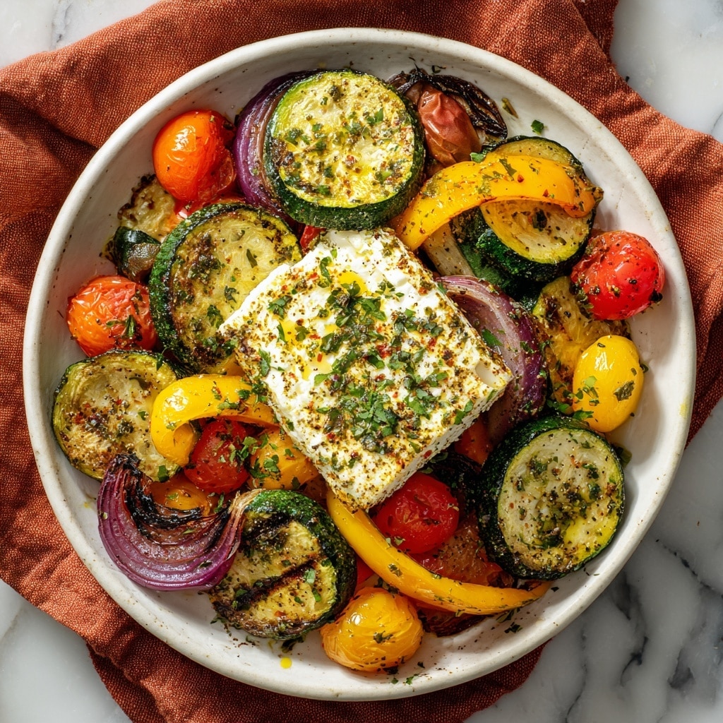 A white oval dish filled with roasted colorful vegetables and a single block of white cheese in the center, topped with green herbs and olive oil. The vegetables include round green zucchini slices with grill marks, bright yellow bell pepper strips, small red and yellow cherry tomatoes, and pieces of red onion with a slightly charred texture. The cheese block has a golden-brown crust and is sprinkled with herbs. The dish sits on a rust-colored cloth over a white marbled surface. Photo taken with an iphone --ar 4:5 --v 7