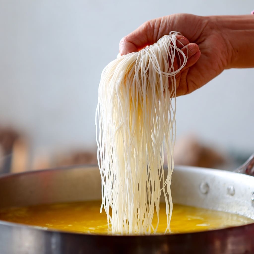 This image shows a white bowl filled with a creamy yellow-orange soup that covers a bed of light-colored noodles arranged mostly on one side. Mixed in the soup are thin slices of brown mushrooms, dark fried bits, and scattered green leafy herbs adding a fresh touch. A white ceramic spoon rests inside the bowl, holding some of the soup showing its smooth texture and bits of mushrooms. Dark wooden chopsticks lean against the bowl on the left side. The bowl sits on a white marbled surface, and in the top right corner, part of a white plate with chopped nuts and a bright green basil leaf can be seen. Photo taken with an iphone --ar 4:5 --v 7