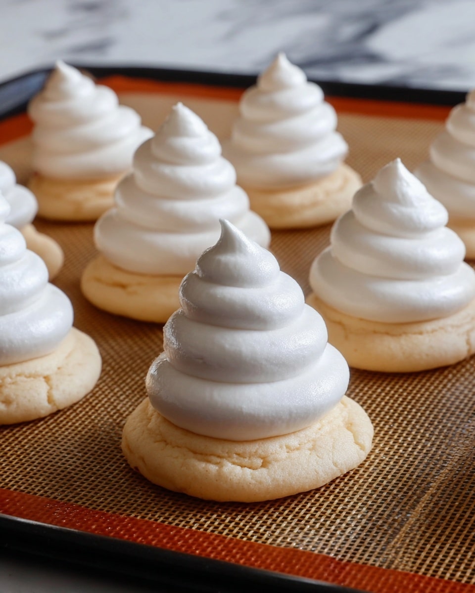 The image shows a close-up of a treat cut in half, placed on a wooden board with more whole treats blurred in the background. The treat has three main layers: a solid light beige base, a thick middle layer of fluffy white marshmallow, and an outer coating of smooth, shiny milk chocolate that covers and shapes the treat like a cone. Some of the whole treats are decorated with small colorful sprinkles or white coconut flakes on top. A woman's hand is gently holding one half of the cut treat. The background has a soft blue and white cloth on a white marbled surface. Photo taken with an iphone --ar 4:5 --v 7