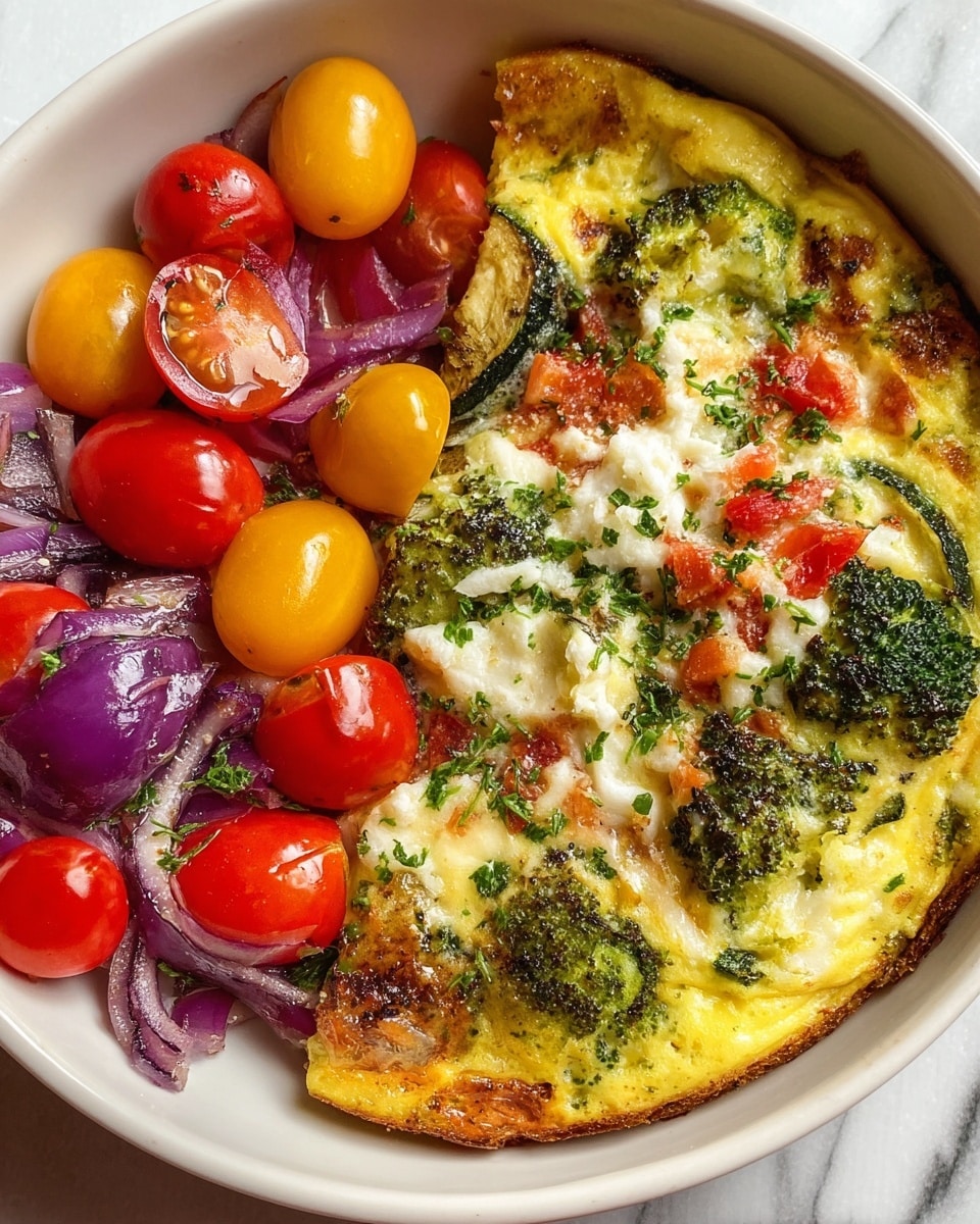 A close-up view of a white bowl with a colorful vegetable frittata, showing two main sections: on the left, a mix of bright yellow and red cherry tomatoes with slices of purple onion, glistening with a light herb dressing; on the right, a cooked frittata layer featuring a golden-yellow base with pieces of broccoli, zucchini, and diced tomatoes, topped with browned white cheese and scattered green herbs; the edges of the frittata are slightly crisp and browned, creating a contrast with the colorful fresh vegetables beside it, all set on a white marbled background. Photo taken with an iphone --ar 4:5 --v 7