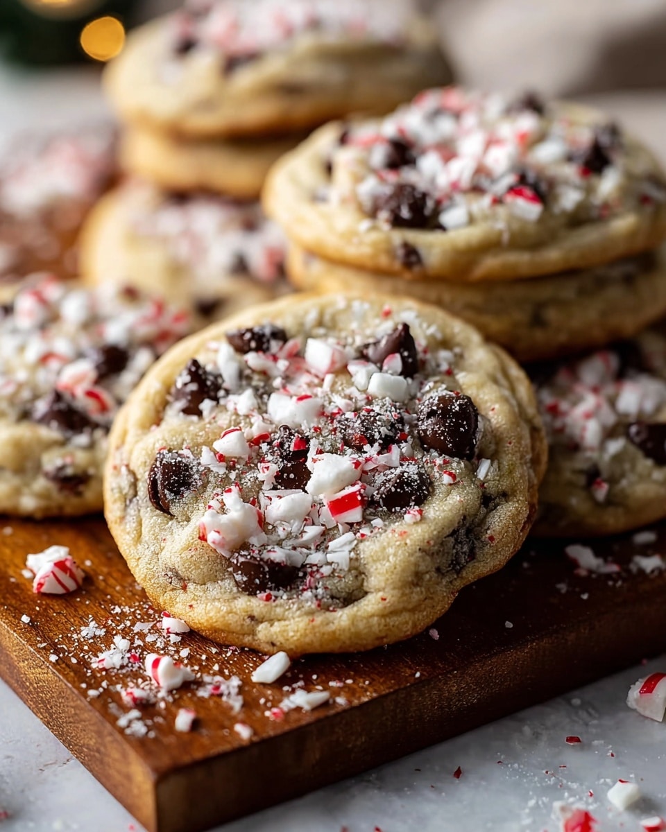 The image shows soft, round cookies placed closely together on a wooden board. Each cookie has a golden-brown base with visible melted dark chocolate chunks embedded in the surface. On top, there are scattered pieces of white and red crushed peppermint candies, adding a speckled texture and festive touch. The cookies appear slightly thick with a chewy center, and the peppermint bits give a rough, uneven top layer. White peppermint crumbs are scattered around the cookies on the wood board, enhancing the festive look. The backdrop is softly blurred with warm light spots, all on a white marbled texture surface. photo taken with an iphone --ar 4:5 --v 7