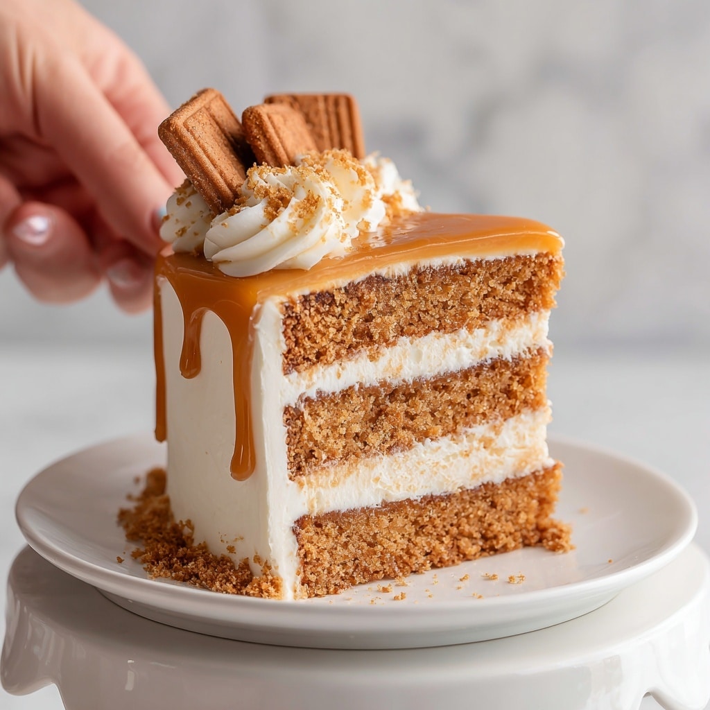 A close-up of a two-layer white cake slice on a white plate, each layer separated by a thick layer of light brown frosting with a crumbly texture. The cake’s top is coated with the same frosting, decorated with swirled piping, and a drizzle of caramel-colored sauce. Crumbled cookie pieces cover the edges of the cake slice and are scattered around on a white marbled surface with cookie crumbs and several whole brown rectangular cookies. A silver fork rests to the side, adding to the scene. photo taken with an iphone --ar 4:5 --v 7