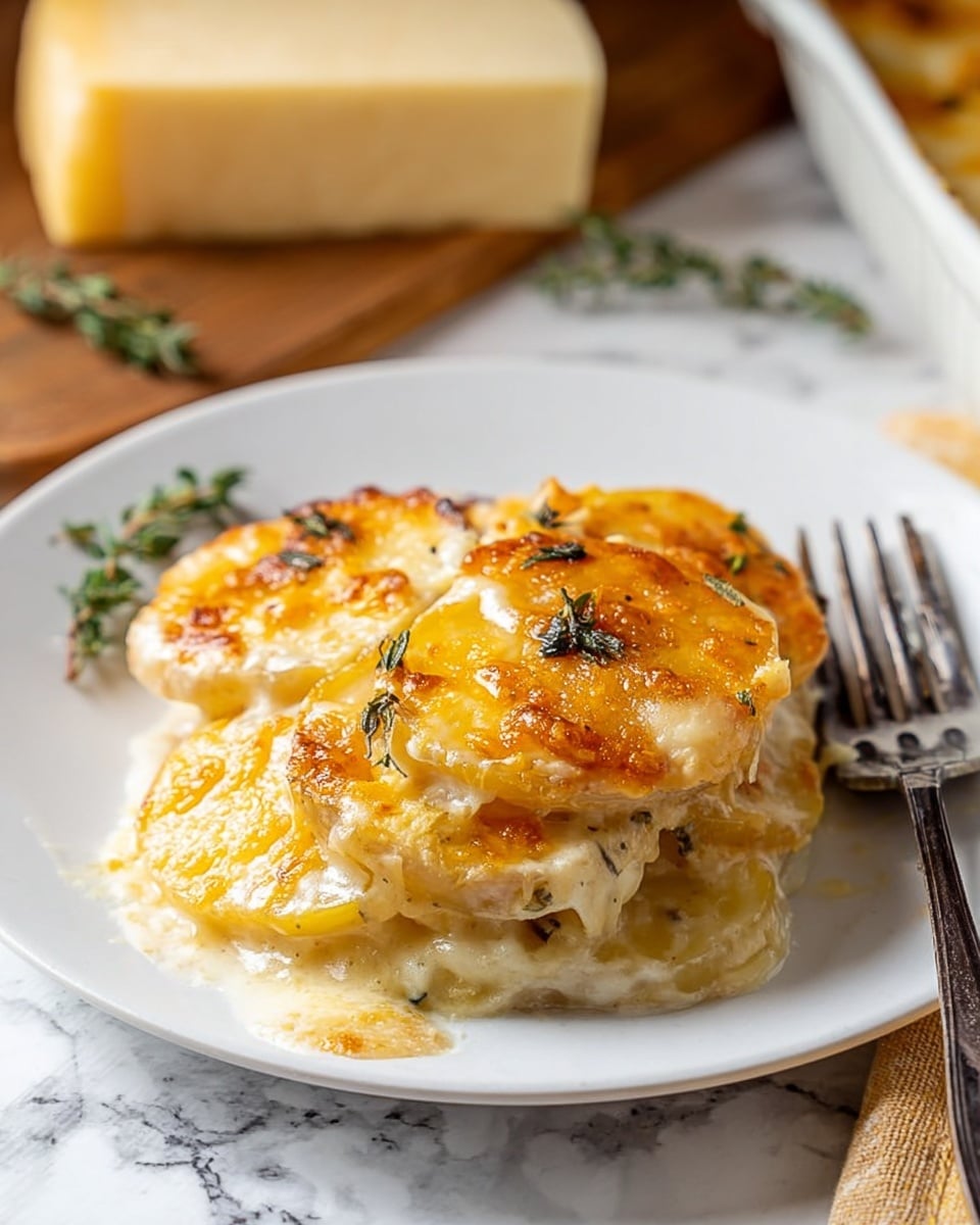 A white baking dish filled with a creamy potato gratin, showing about two layers of thin round potato slices covered in melted golden and light yellow cheese, sprinkled with small pieces of green parsley and a light dusting of paprika on top, resting on a red and white striped cloth over a white marbled texture surface with a wooden spoon in the background, photo taken with an iphone --ar 4:5 --v 7