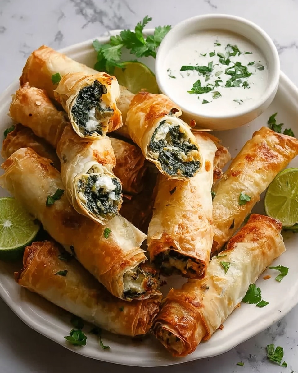 The image shows a white dish filled with golden brown, crispy pastry rolls that are lightly browned on the edges and appear flaky. Each roll has about two visible layers of thin dough with dark green spinach and white cheese filling peeking through both ends. One roll is torn open revealing the soft, crumbly white cheese mixed with chopped spinach inside. To the upper right of the dish, there is a small white bowl filled with a creamy white sauce sprinkled lightly with chopped green herbs. Bright green fresh herb sprigs are placed next to the bowl, and a lime wedge sits on the white marbled surface near the plate. The scene captures the warm, crunchy texture of the rolls alongside the smooth dipping sauce. Photo taken with an iphone --ar 4:5 --v 7