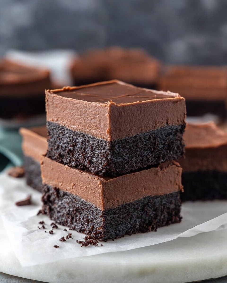 A stack of three square chocolate dessert bars sits on a white marbled surface, with more pieces scattered around on white parchment inside a white plate. Each bar has two thick layers: the bottom layer is a dark, crumbly brownie with a rough texture, and the top layer is a smooth, shiny chocolate fudge with a creamy finish. The edges of the bars are clean and straight, showing a clear division between the dense brownie and the softer fudge above. The background is blurred, focusing attention on the rich chocolate bars in the foreground. photo taken with an iphone --ar 4:5 --v 7