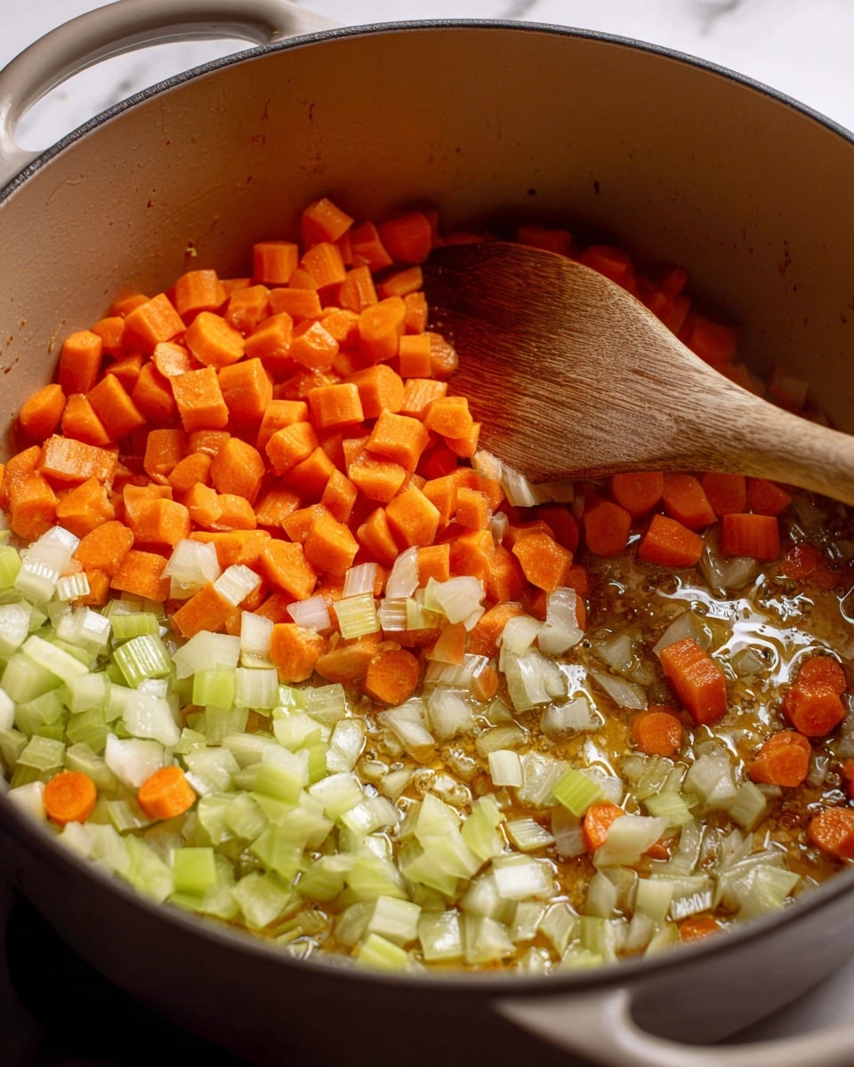 A close-up view of a beige cooking pot filled with evenly chopped bright orange carrots on the left side and pale green celery mixed with white onions on the right side, all being stirred with a wooden spoon showing a rich glossy texture from the cooking oil. The vegetables are mixed but still clearly separated by color, with light reflections on the cooking oil. The pot sits on a white marbled textured surface. photo taken with an iphone --ar 4:5 --v 7