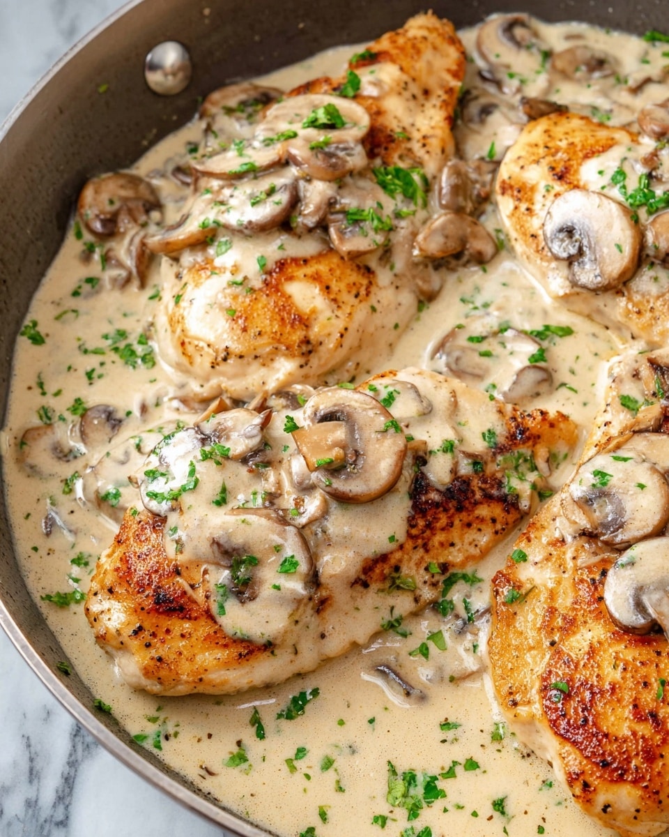 A close-up view of a frying pan holding three pieces of golden brown chicken breasts, each topped with sliced light brown mushrooms, all covered in a thick, creamy off-white sauce sprinkled with small green herb pieces. The chicken's surface texture is slightly crisp, and the sauce pools around the chicken, filling the pan. The green herbs add a fresh pop of color against the warm tones of the chicken and creamy sauce. The background is a white marbled texture. photo taken with an iphone --ar 4:5 --v 7