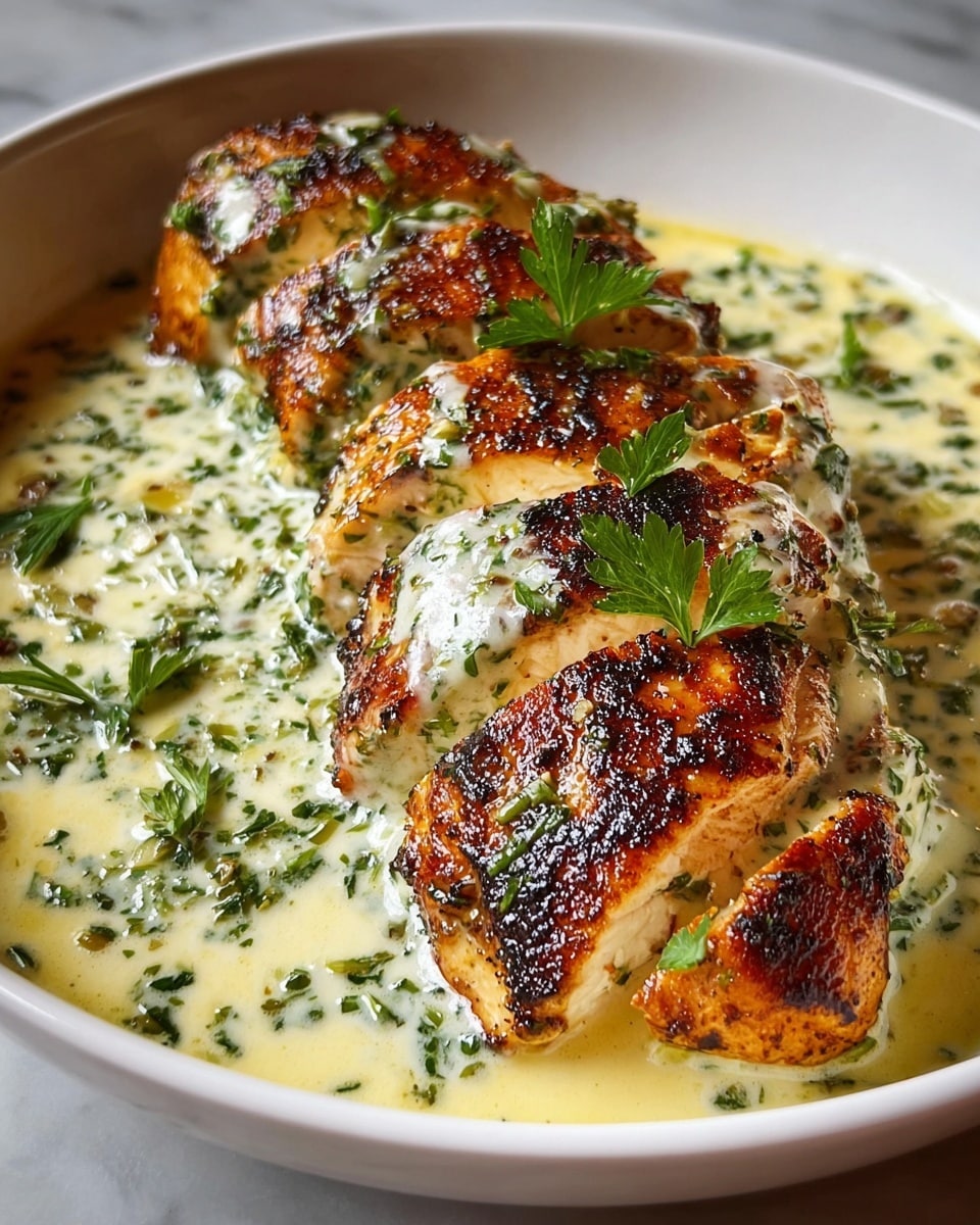 The image shows four large chicken breasts in a white oval dish with a blue decorative rim. Each chicken breast is covered with a creamy, golden-brown sauce, appearing rich and slightly bubbly on top, with a few browned spots. The sauce pools around the chicken, giving it a glossy look. Small green herb leaves are sprinkled generously over the chicken, adding contrast with bright green color. The dish sits on a white marbled surface with two silver forks placed to the right side alongside a small white bowl filled with grated cheese. A folded blue and white striped cloth is visible in the top left corner. Photo taken with an iphone --ar 4:5 --v 7
