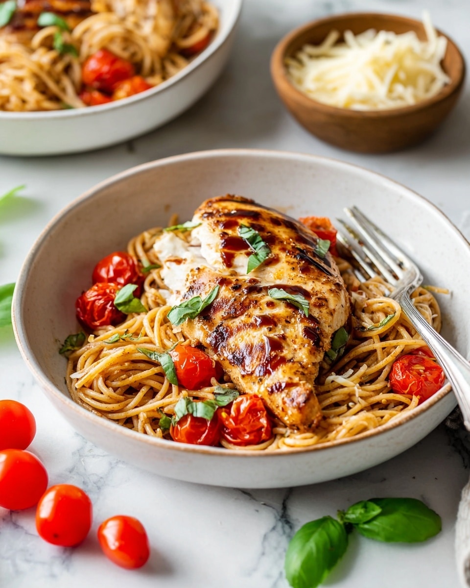 A white shallow bowl holds a dish with two main layers: the bottom layer has light brown cooked spaghetti mixed with small roasted red cherry tomato pieces scattered throughout, and fresh green basil leaves placed on top. The upper layer consists of a grilled chicken breast with visible grill marks and a shiny dark brown glaze drizzled unevenly over it. A silver fork rests diagonally on the right side of the bowl, partially under the chicken. The bowl is set on a white marbled surface with several whole and cut cherry tomatoes nearby, a small brown bowl filled with shaved pale yellow cheese to the right, and a green basil leaf in the background. Another similar serving is blurred in the background. photo taken with an iphone --ar 4:5 --v 7